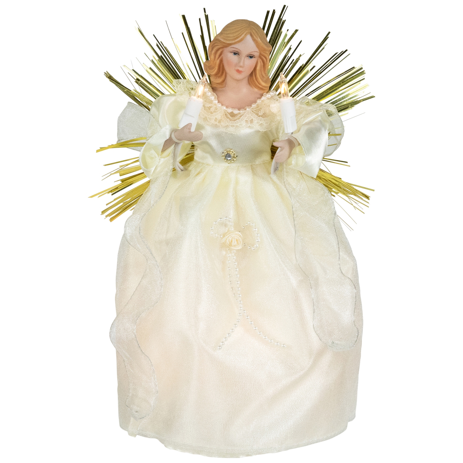 Angel with Candle Lighted Christmas Tree Topper - 10.5" - Gold - Clear Lights