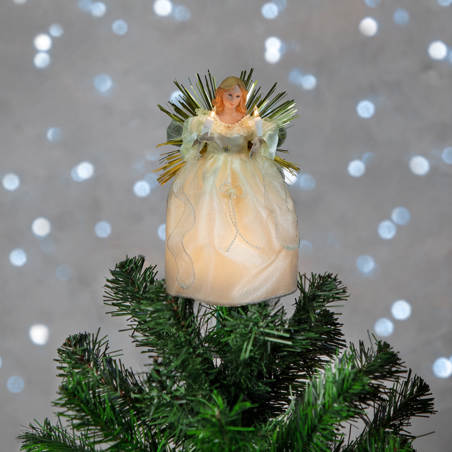 Angel with Candle Lighted Christmas Tree Topper - 10.5" - Gold - Clear Lights