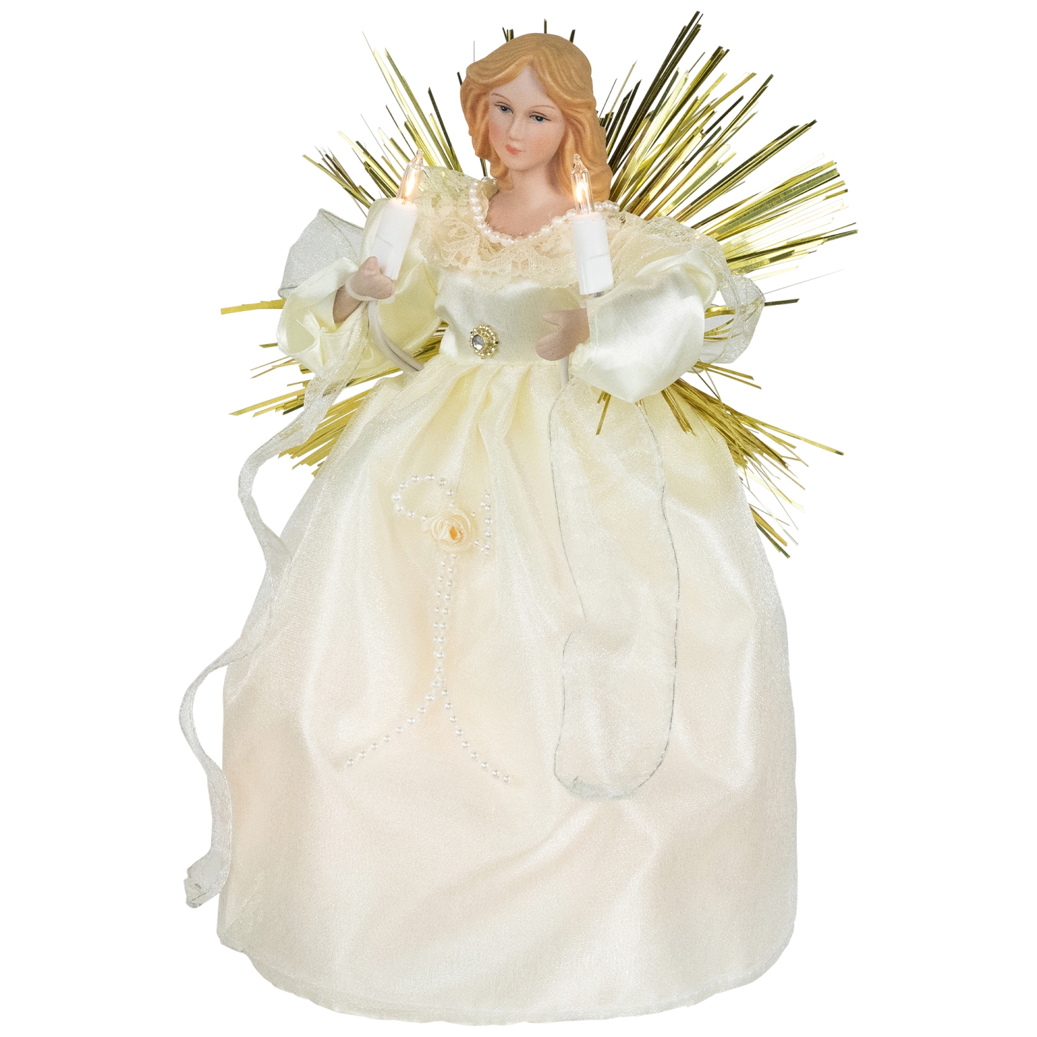 Angel with Candle Lighted Christmas Tree Topper - 10.5" - Gold - Clear Lights