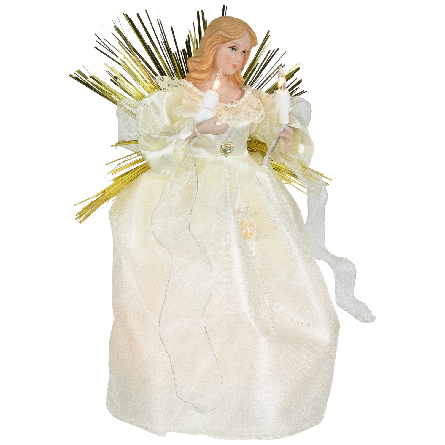 Angel with Candle Lighted Christmas Tree Topper - 10.5" - Gold - Clear Lights