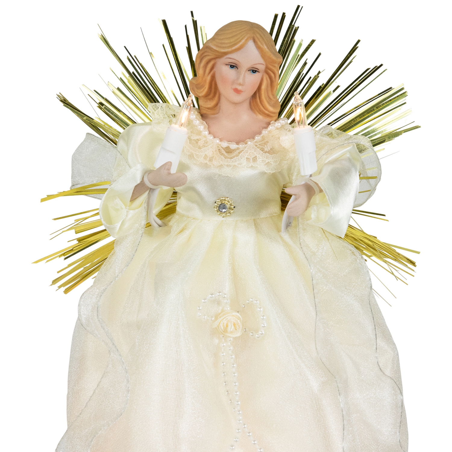 Angel with Candle Lighted Christmas Tree Topper - 10.5" - Gold - Clear Lights