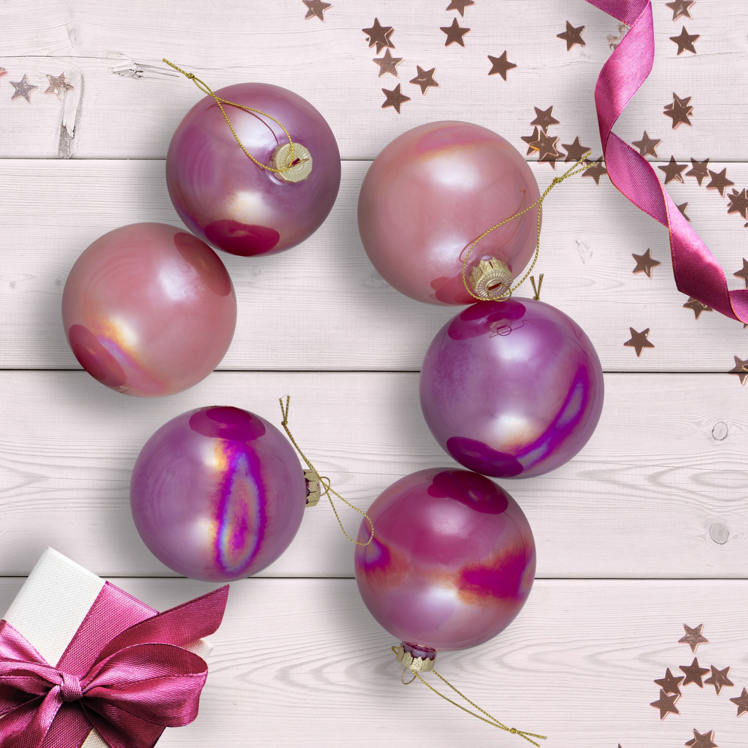 Shiny Glass Ball Christmas Ornaments - 3" - Pink, Purple and Peach - 6ct