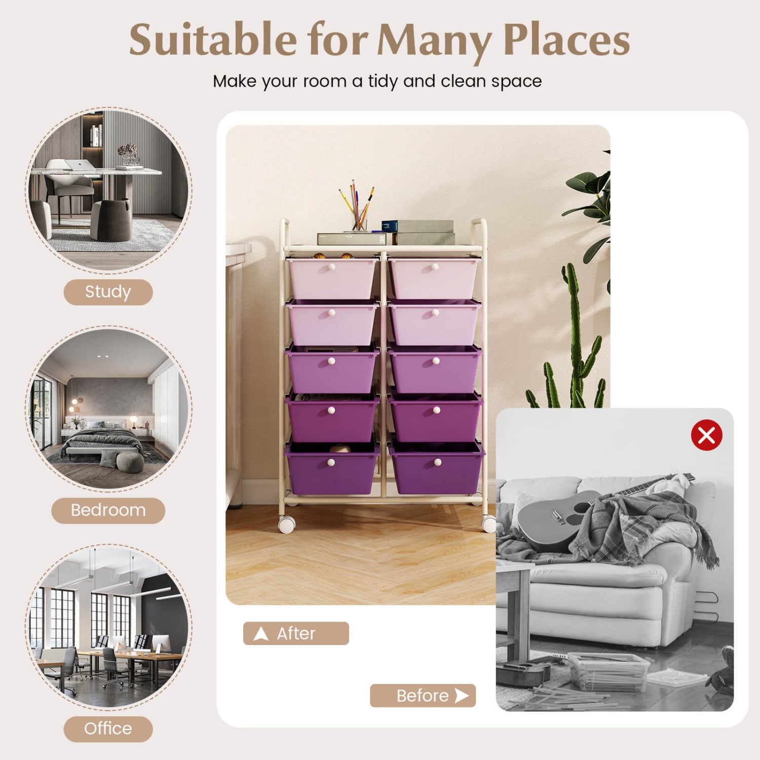 Chariot de rangement utilitaire à roulettes à 10 tiroirs de Costway