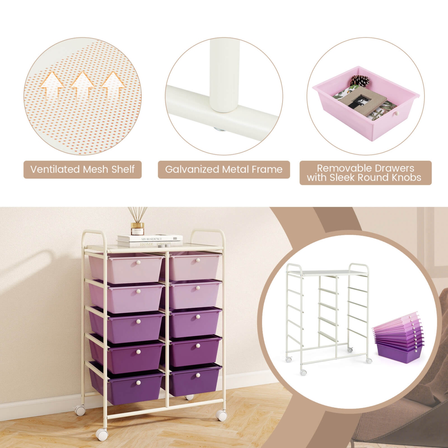 Chariot de rangement utilitaire à roulettes à 10 tiroirs de Costway