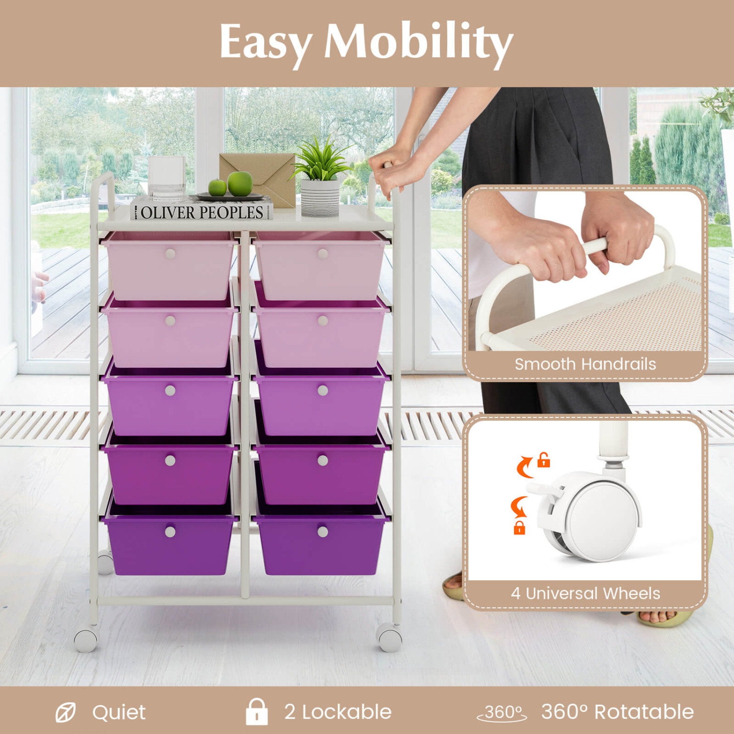 Chariot de rangement utilitaire à roulettes à 10 tiroirs de Costway