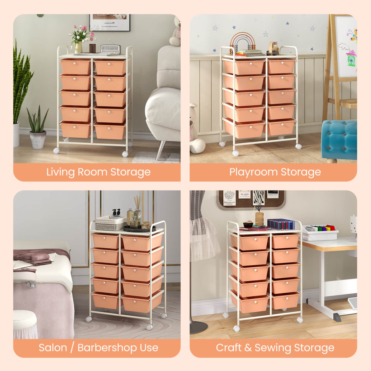 Costway 10-Drawer Storage Cart Utility Rolling Trolley Kitchen Office Organizer