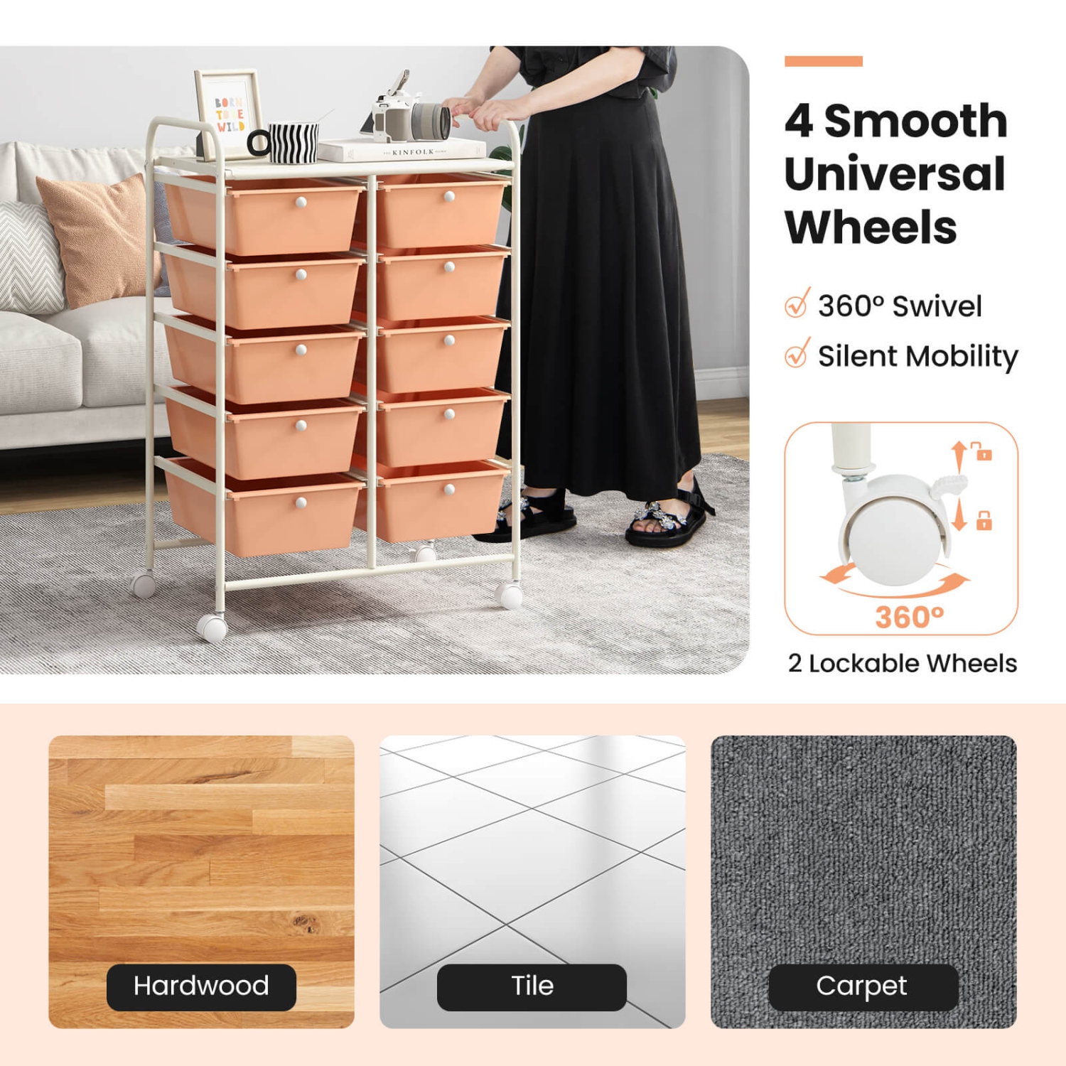 Costway 10-Drawer Storage Cart Utility Rolling Trolley Kitchen Office Organizer