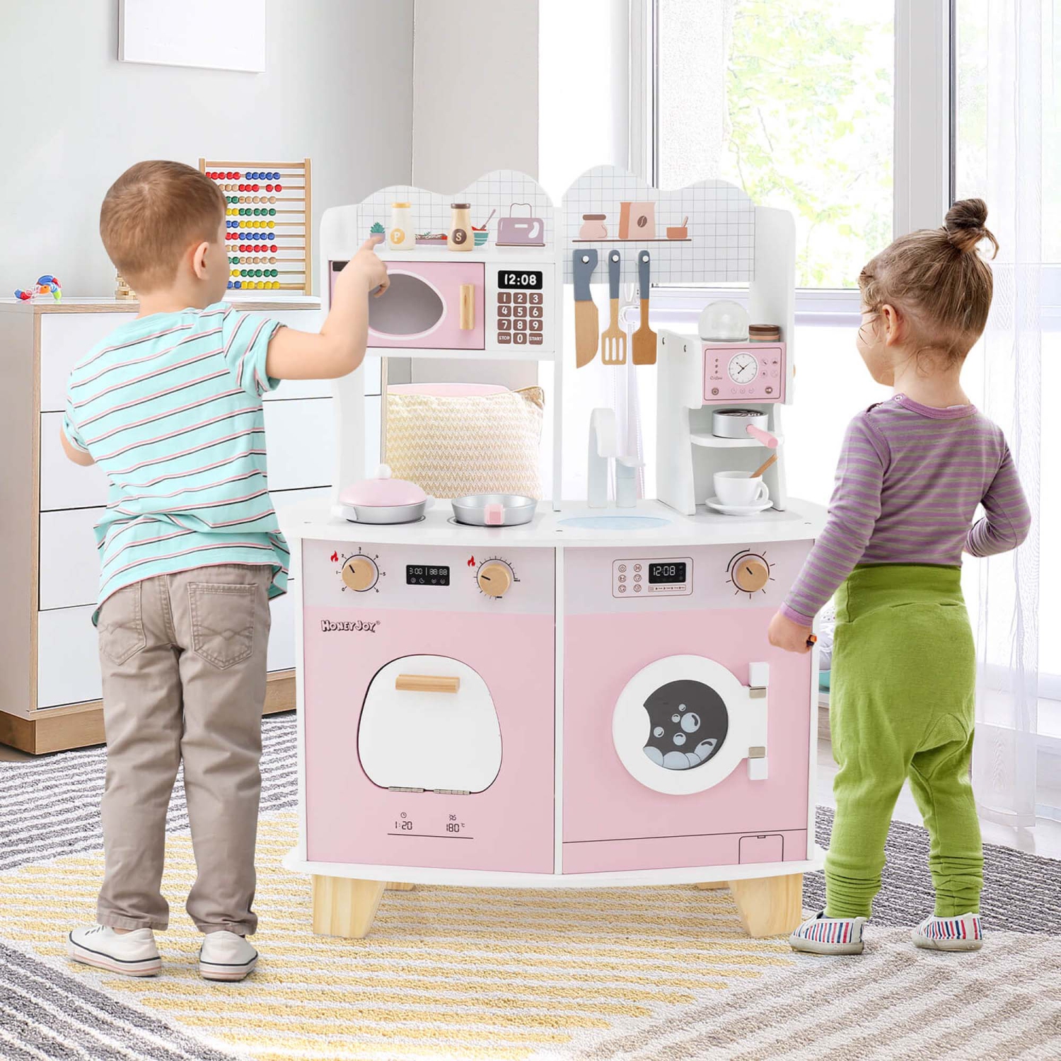 Costway Wooden Kids Kitchen Playset Pretend Play Kitchen with Coffee Maker & Microwave