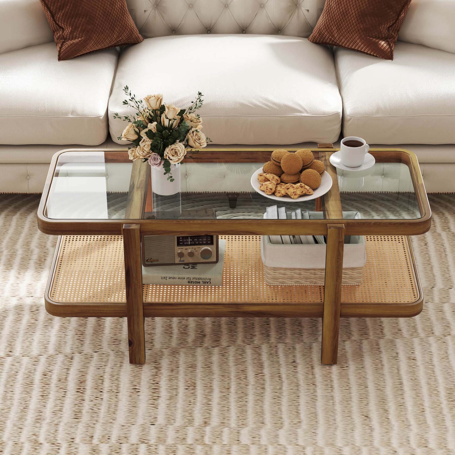 Costway 2-Tier Rustic Coffee Table with Storage Tempered Glass Tabletop PE Rattan Shelf