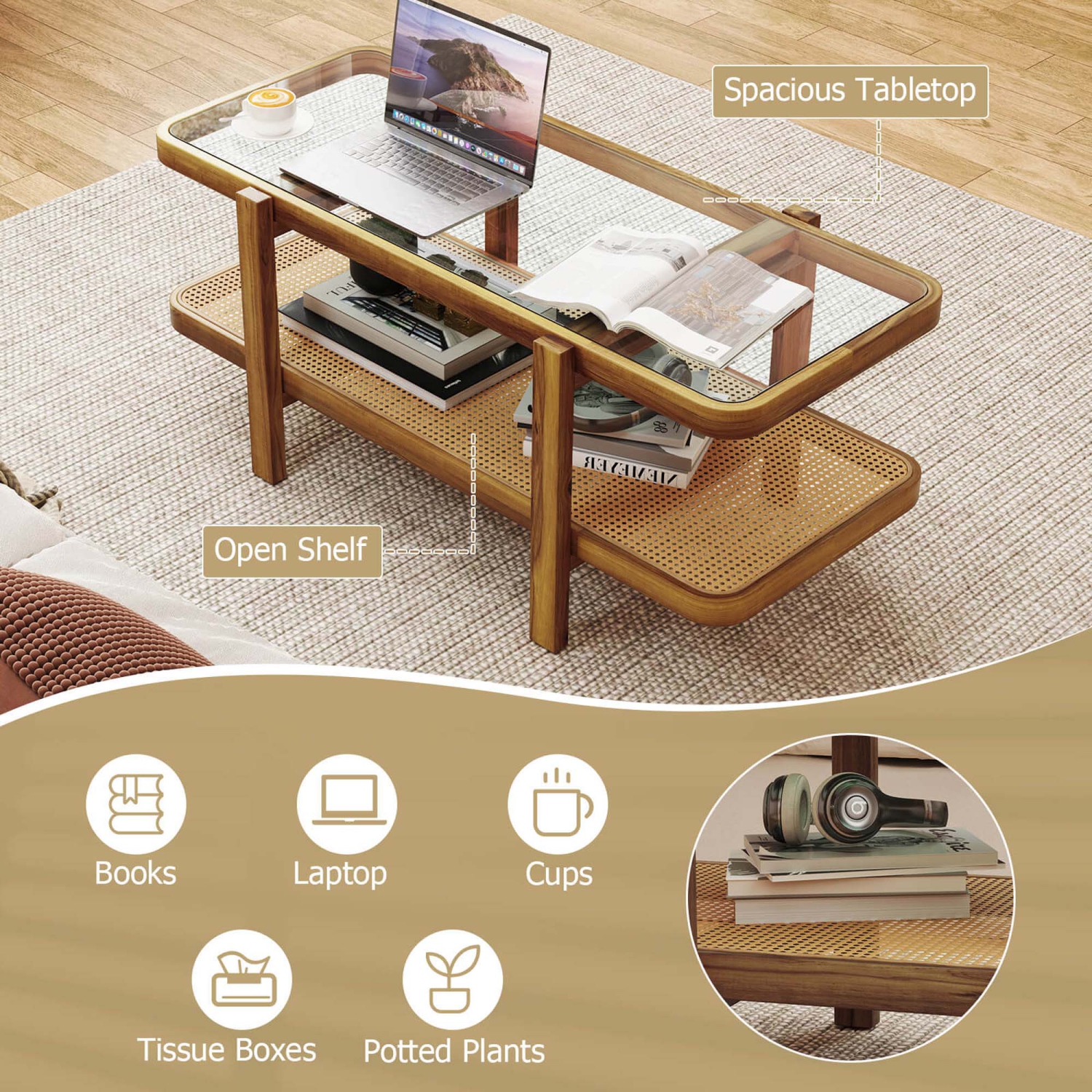 Costway 2-Tier Rustic Coffee Table with Storage Tempered Glass Tabletop PE Rattan Shelf