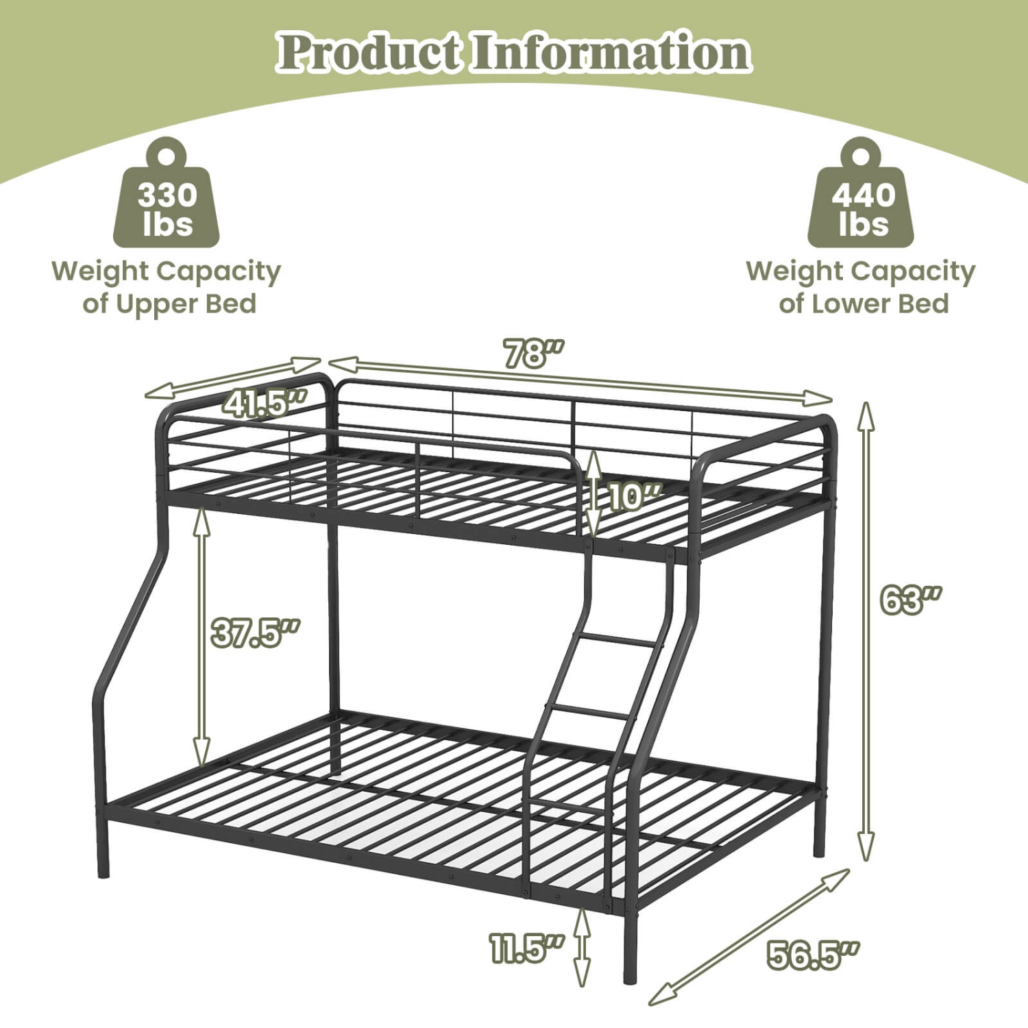 Costway Twin over Full Metal Bunk Bed with Inclined Ladder Safety Guardrail, Slat Support