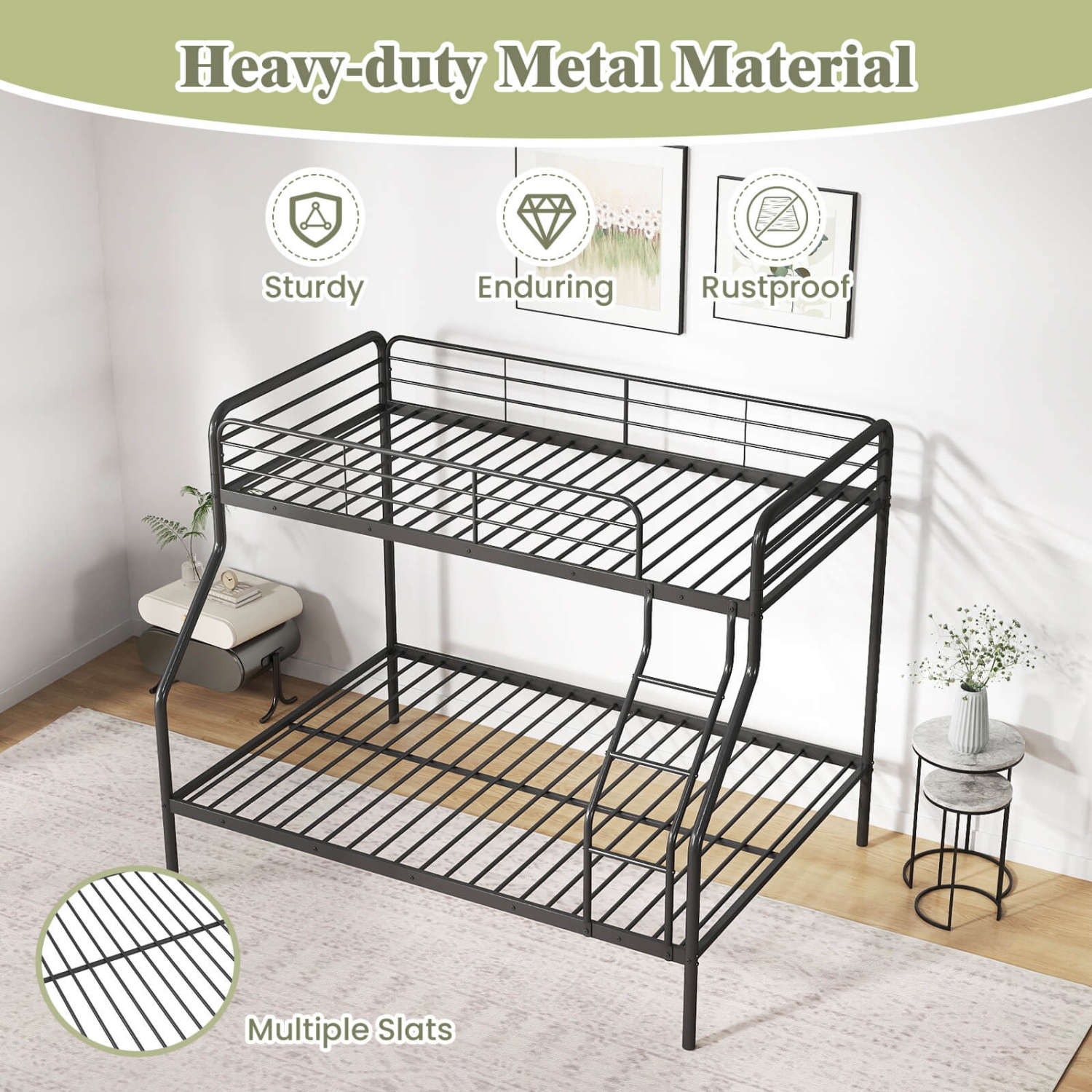 Costway Twin over Full Metal Bunk Bed with Inclined Ladder Safety Guardrail, Slat Support