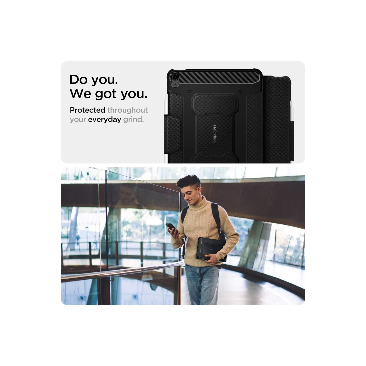 Spigen Rugged Armor Pro Designed for iPad Air 11 Inch Case, 10.9 Inch 5th/4th Generation Case (2022/2020) with Pencil Holder (ACS05417) - Black