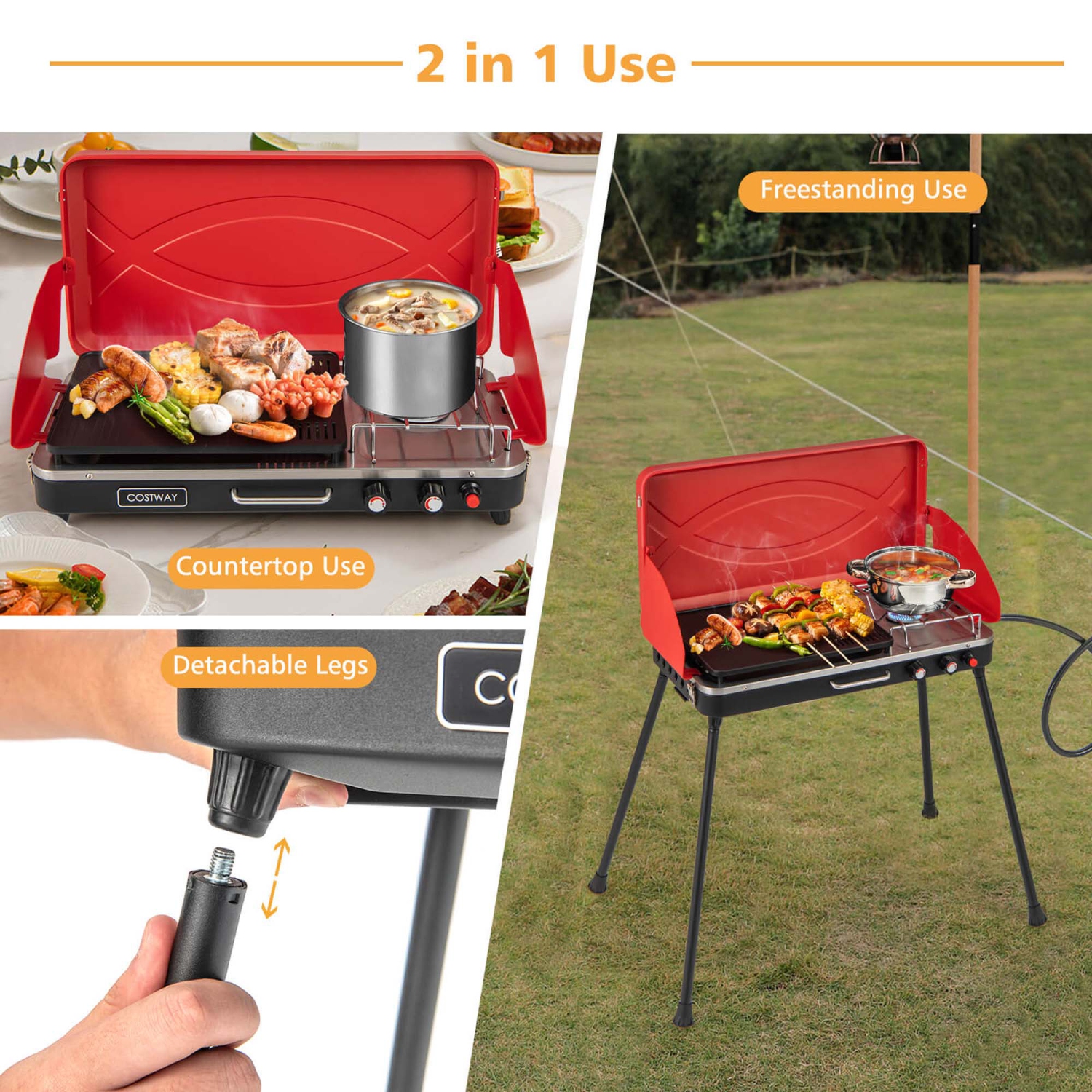 Costway 2-in-1 Propane Grill 2 Burner Camping Gas Stove Portable with Removable Leg Red