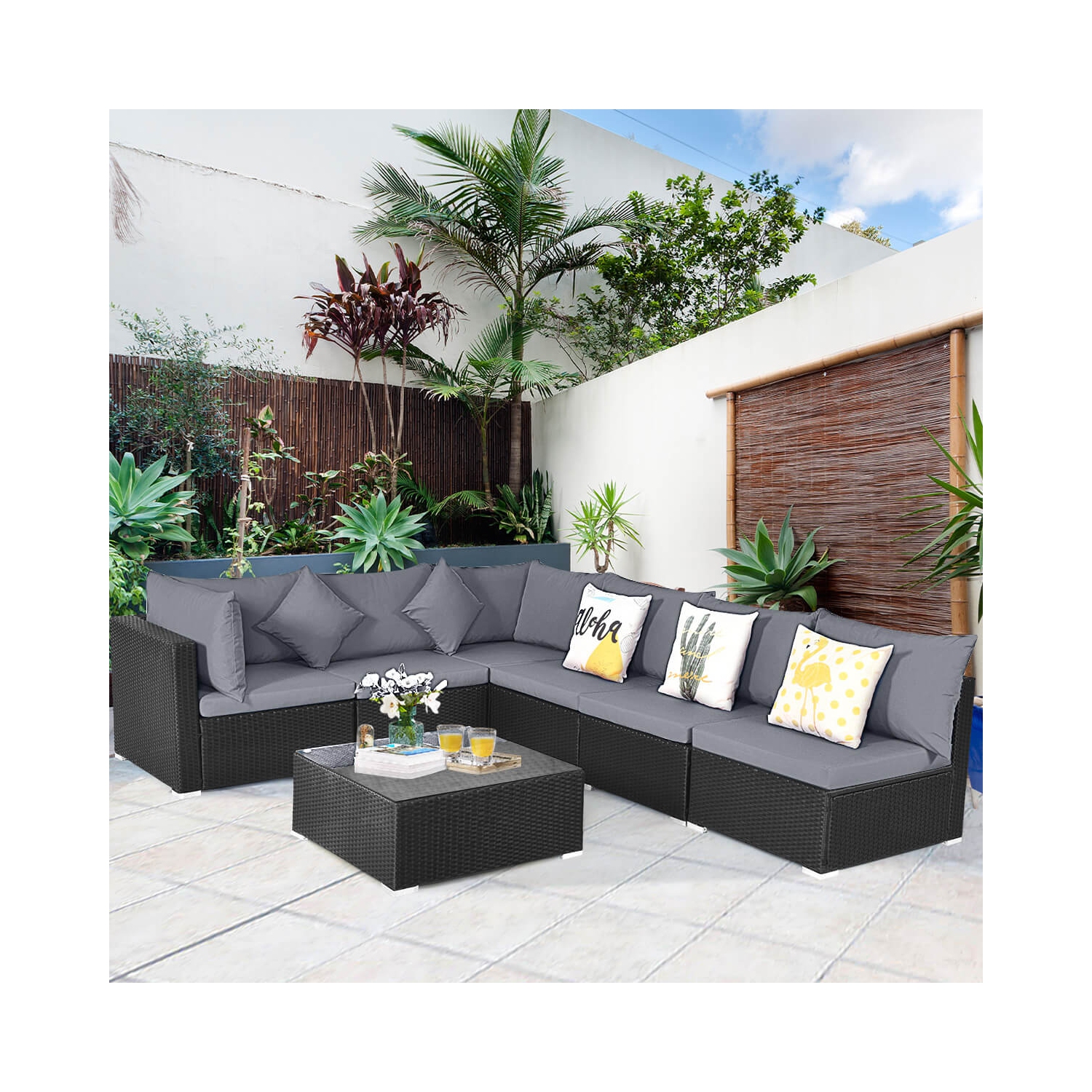 Ensemble de patio de 7 pièces en rotin de Costway avec canapé modulaire et ensemble de patio jardin