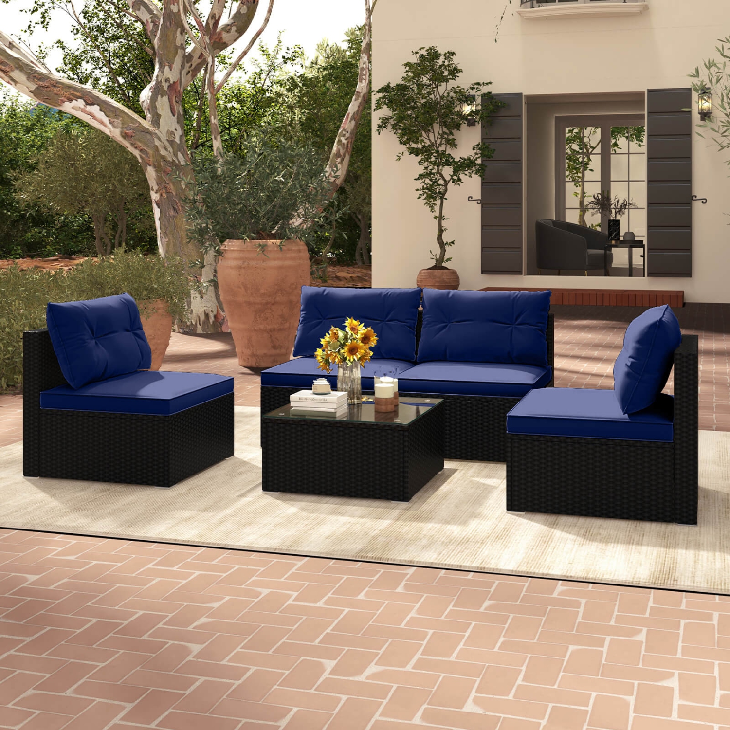 Costway 5 Piece Outdoor Furniture Set with Seat & Back Cushions Tempered Glass Tabletop Black/Blue