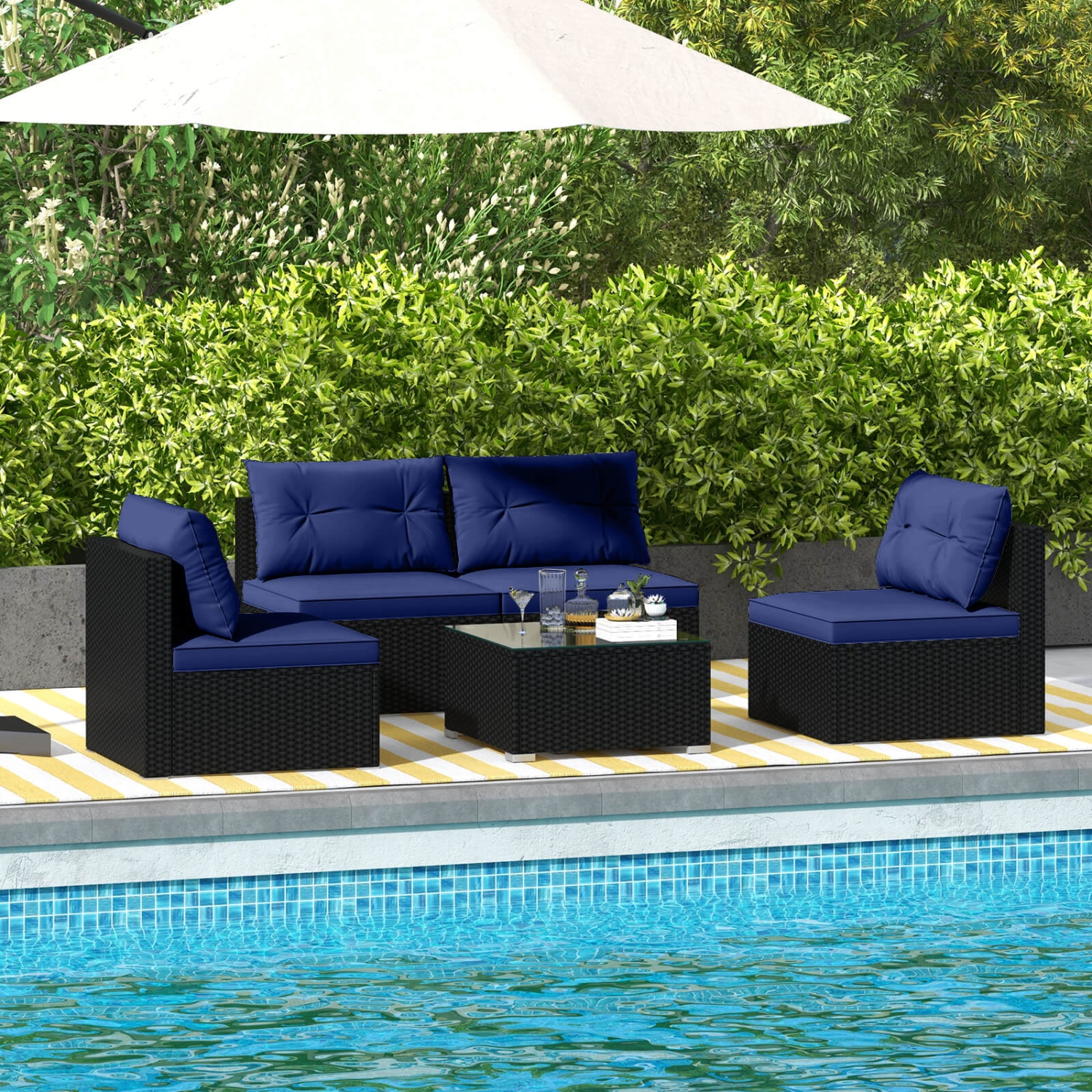 Costway 5 Piece Outdoor Furniture Set with Seat & Back Cushions Tempered Glass Tabletop Black/Blue