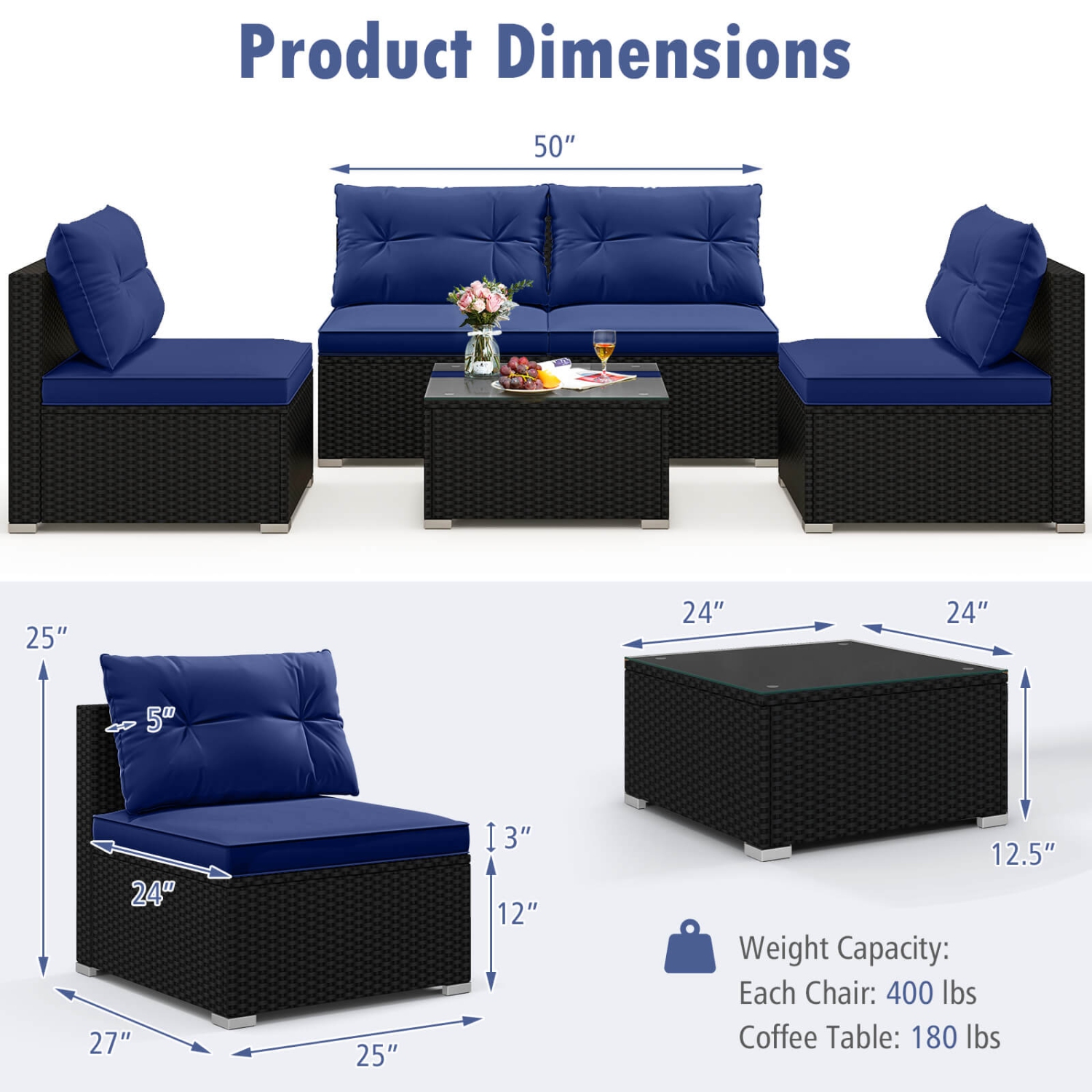 Costway 5 Piece Outdoor Furniture Set with Seat & Back Cushions Tempered Glass Tabletop Black/Blue