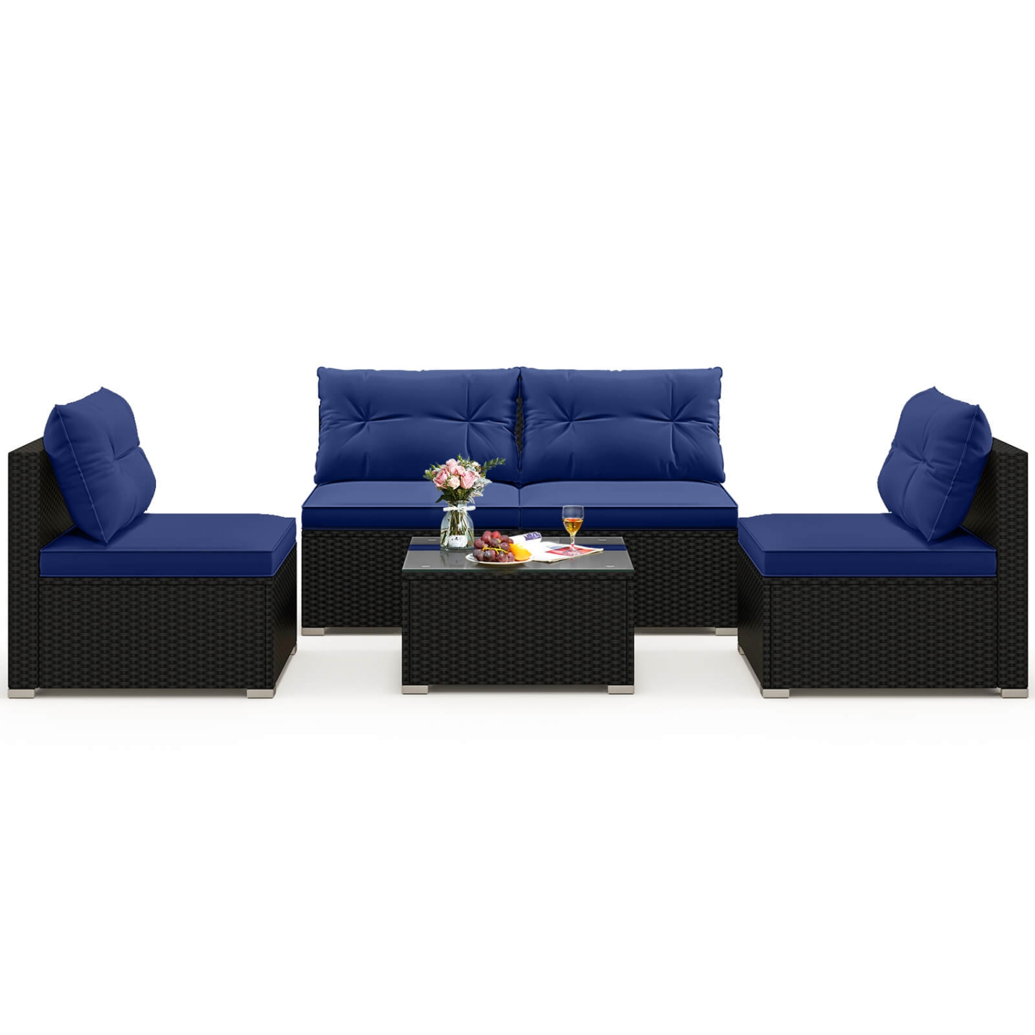 Costway 5 Piece Outdoor Furniture Set with Seat & Back Cushions Tempered Glass Tabletop Black/Blue