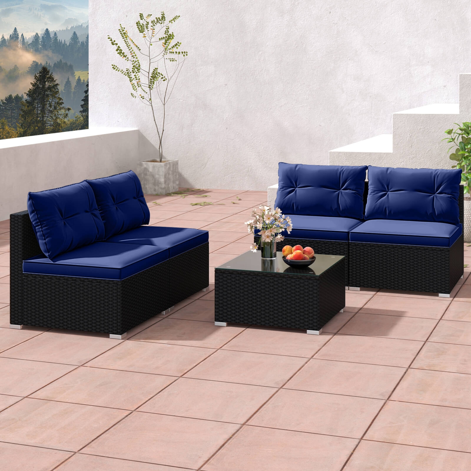 Costway 5 Piece Outdoor Furniture Set with Seat & Back Cushions Tempered Glass Tabletop Black/Blue