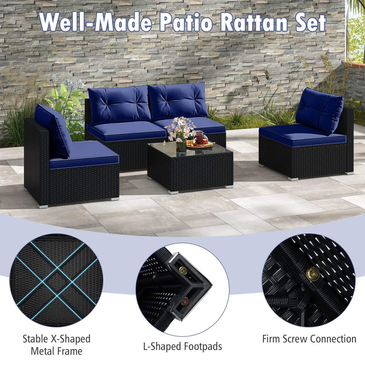 Costway 5 Piece Outdoor Furniture Set with Seat & Back Cushions Tempered Glass Tabletop Black/Blue