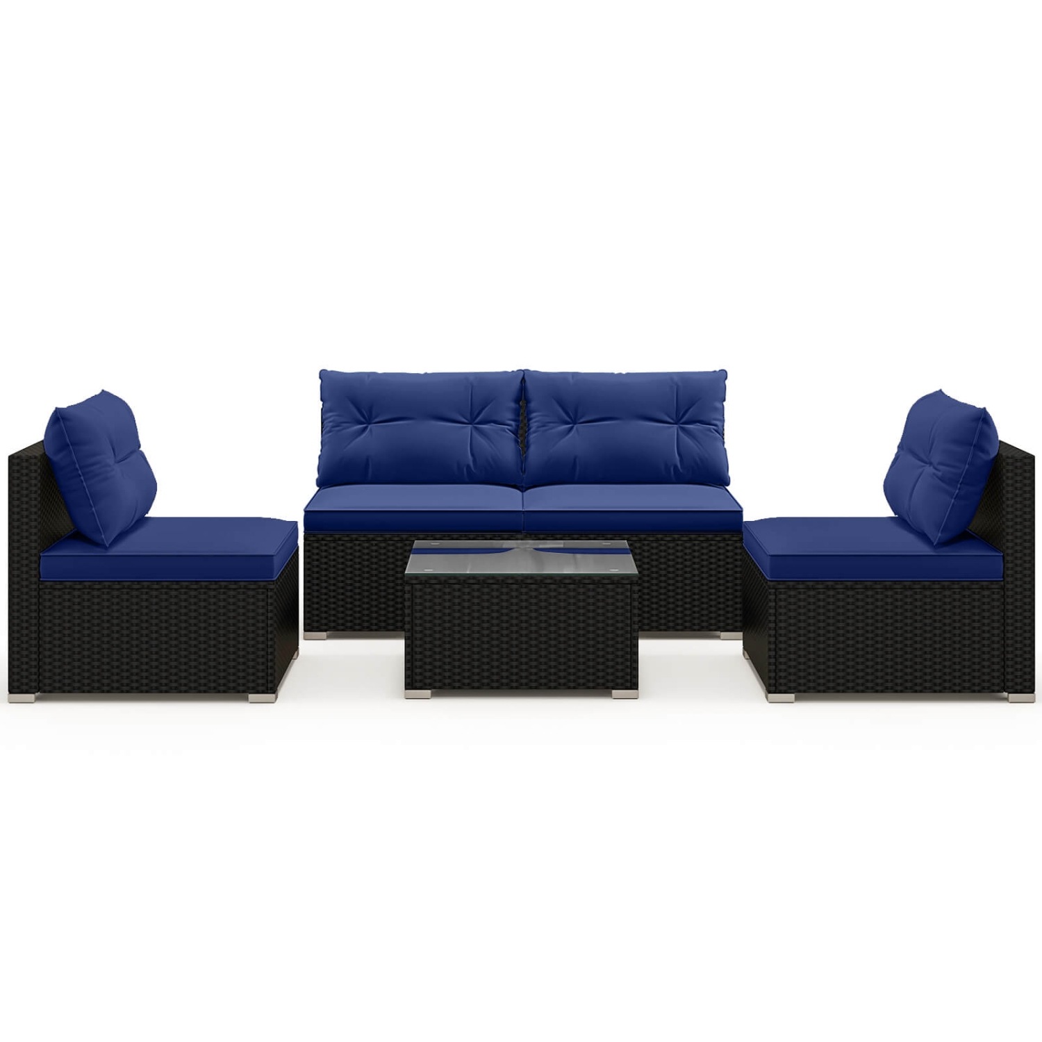 Costway 5 Piece Outdoor Furniture Set with Seat & Back Cushions Tempered Glass Tabletop Black/Blue