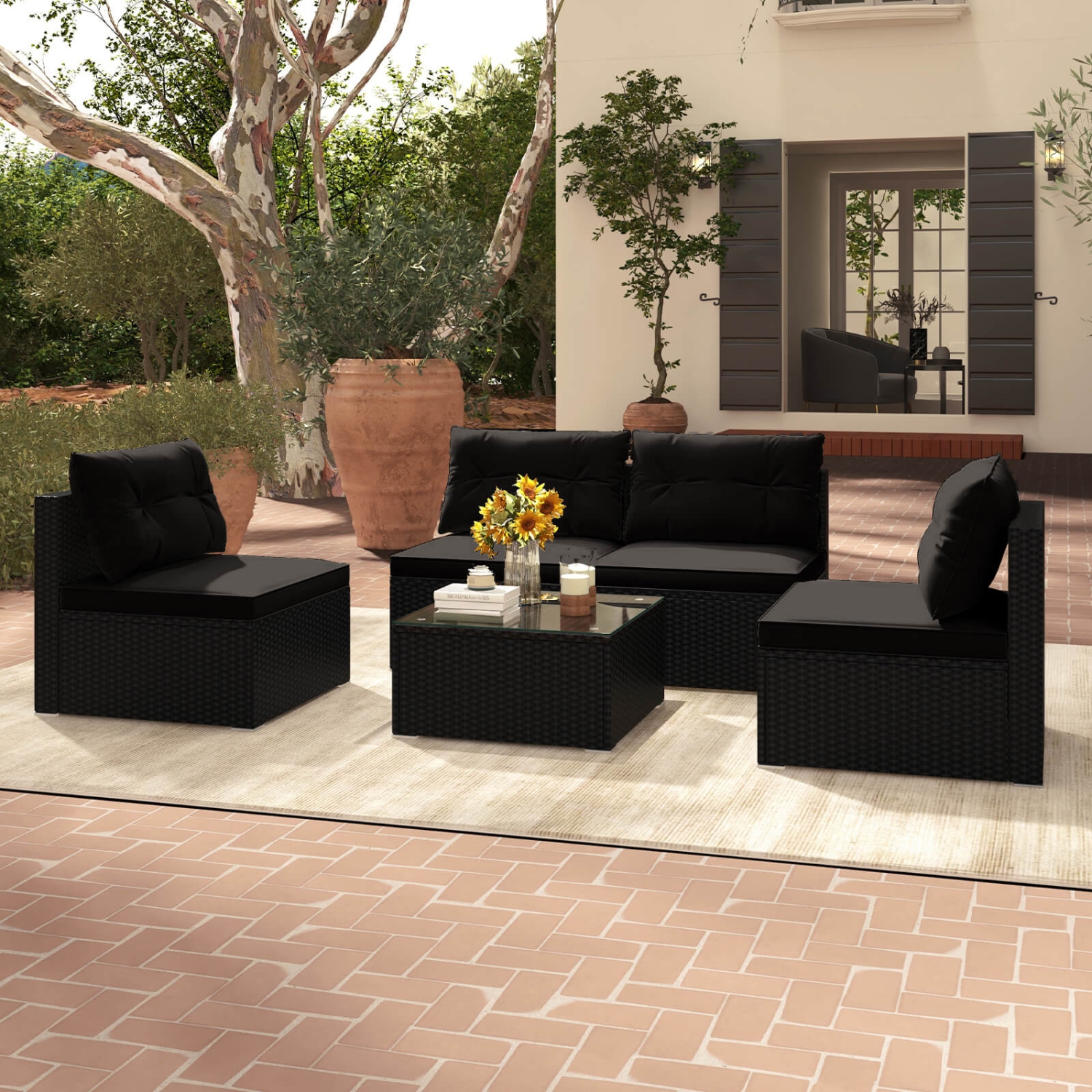 Costway 5 Piece Outdoor Furniture Set with Seat & Back Cushions Tempered Glass Tabletop Black/Blue