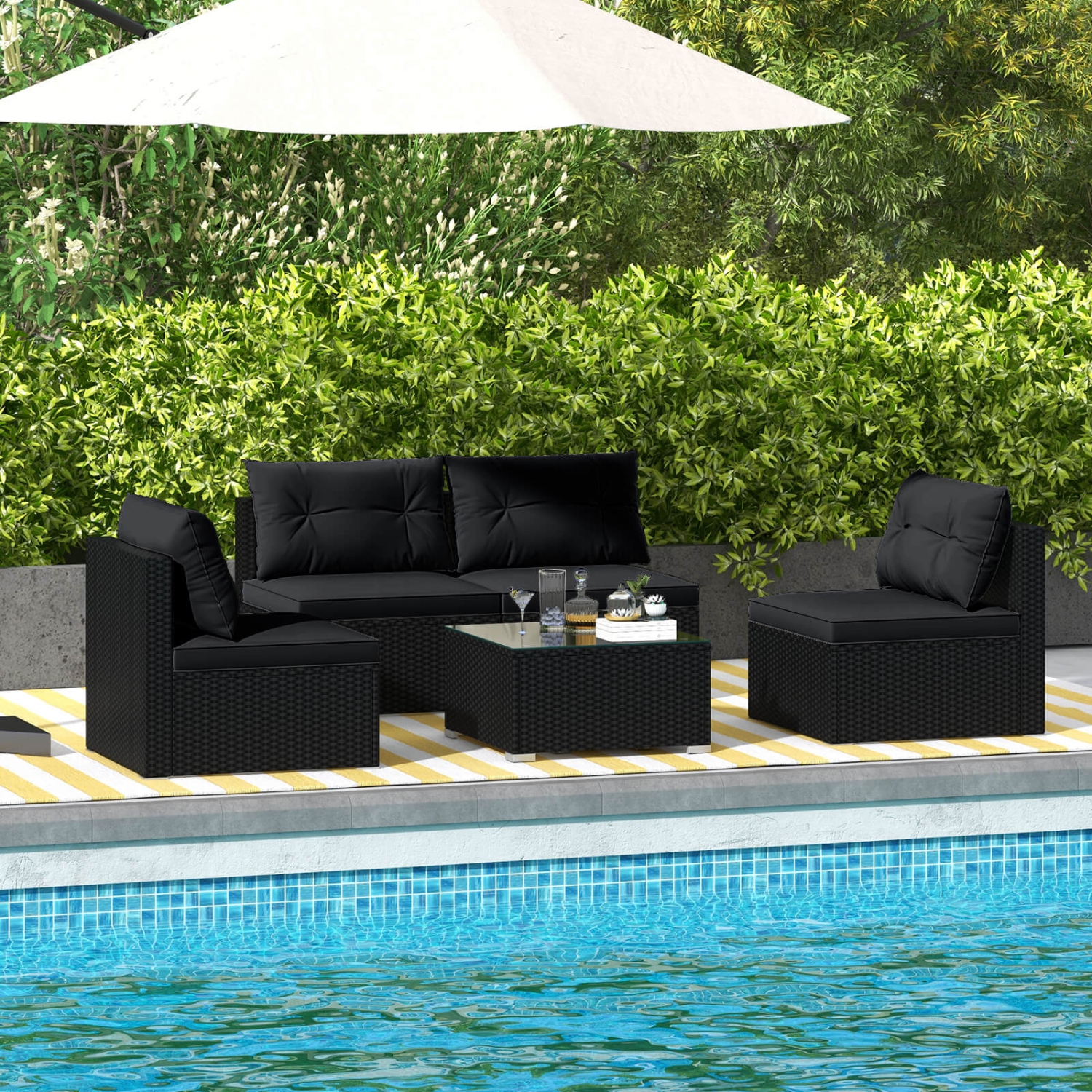Costway 5 Piece Outdoor Furniture Set with Seat & Back Cushions Tempered Glass Tabletop Black/Blue
