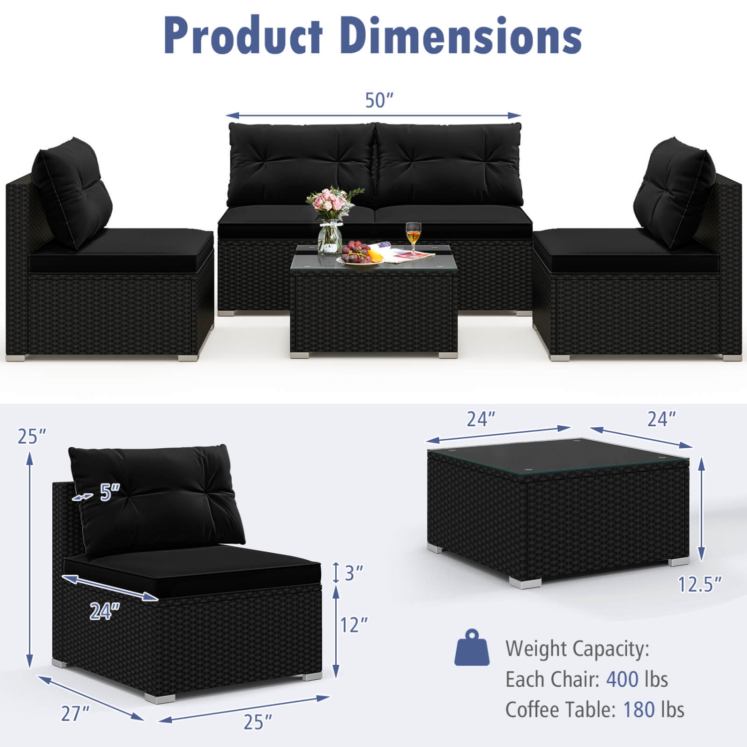 Costway 5 Piece Outdoor Furniture Set with Seat & Back Cushions Tempered Glass Tabletop Black/Blue