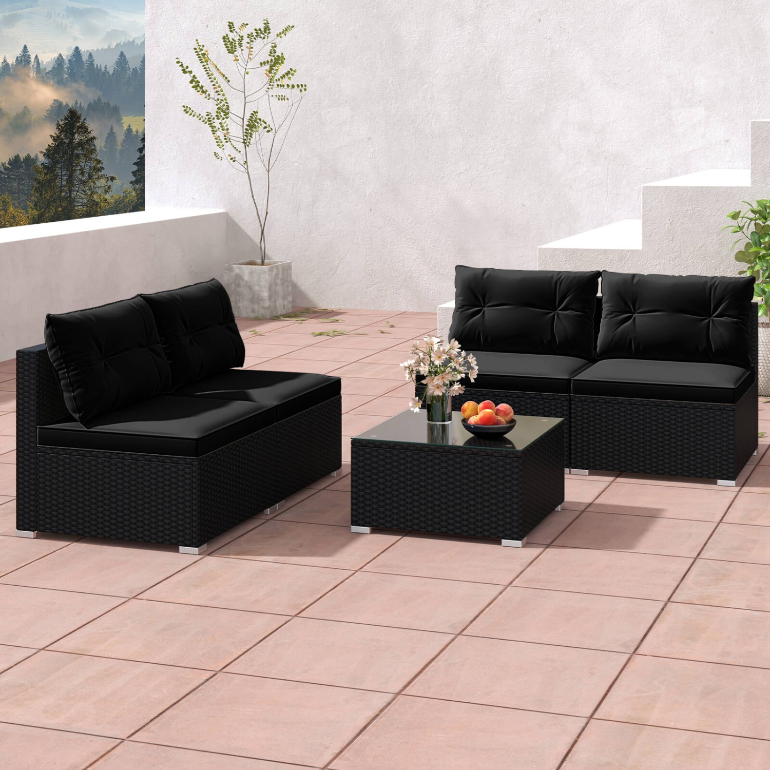 Costway 5 Piece Outdoor Furniture Set with Seat & Back Cushions Tempered Glass Tabletop Black/Blue