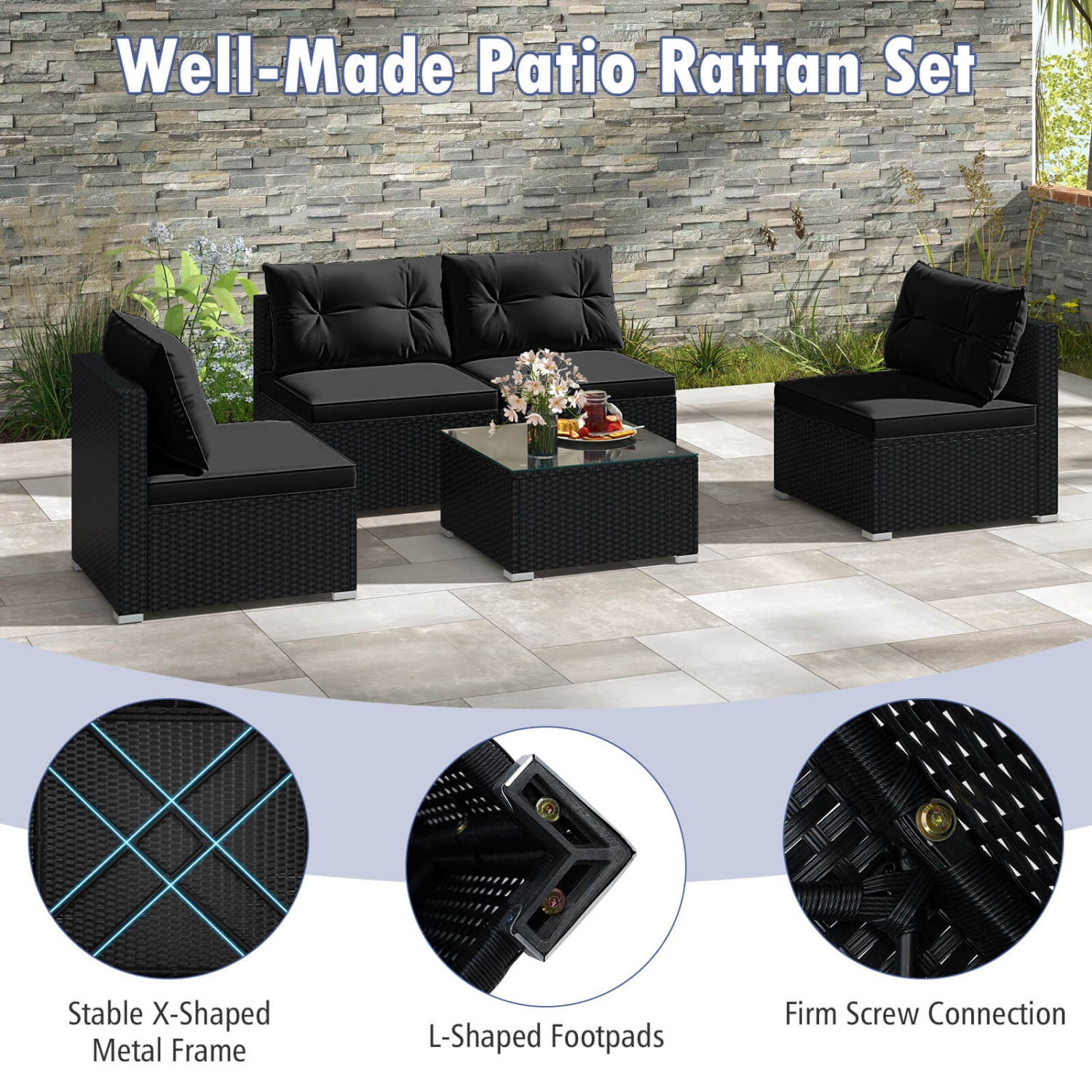 Costway 5 Piece Outdoor Furniture Set with Seat & Back Cushions Tempered Glass Tabletop Black/Blue