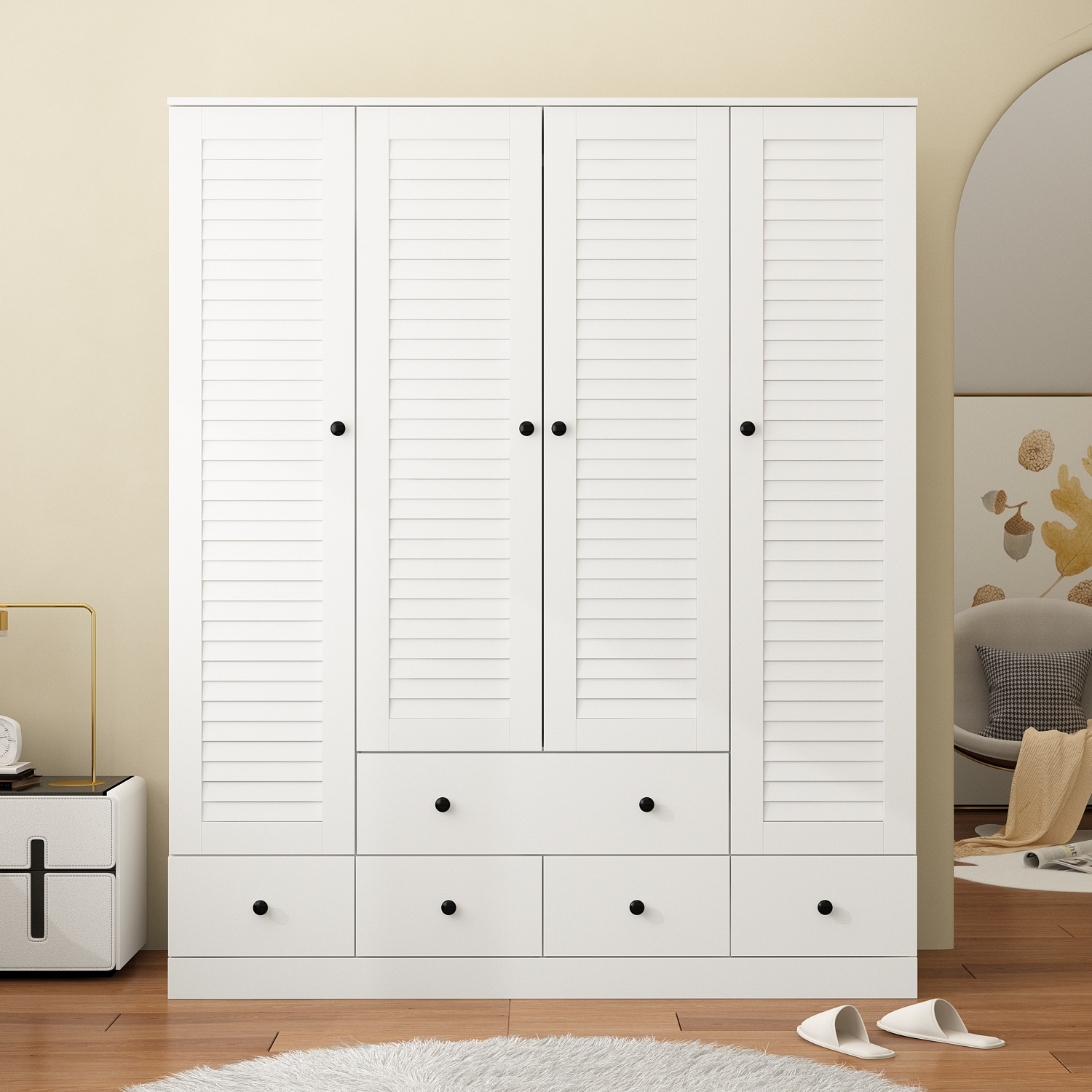 Homsee – Garde-robe moderne à 4 portes avec tablettes réglables et plusieurs tiroirs, blanc