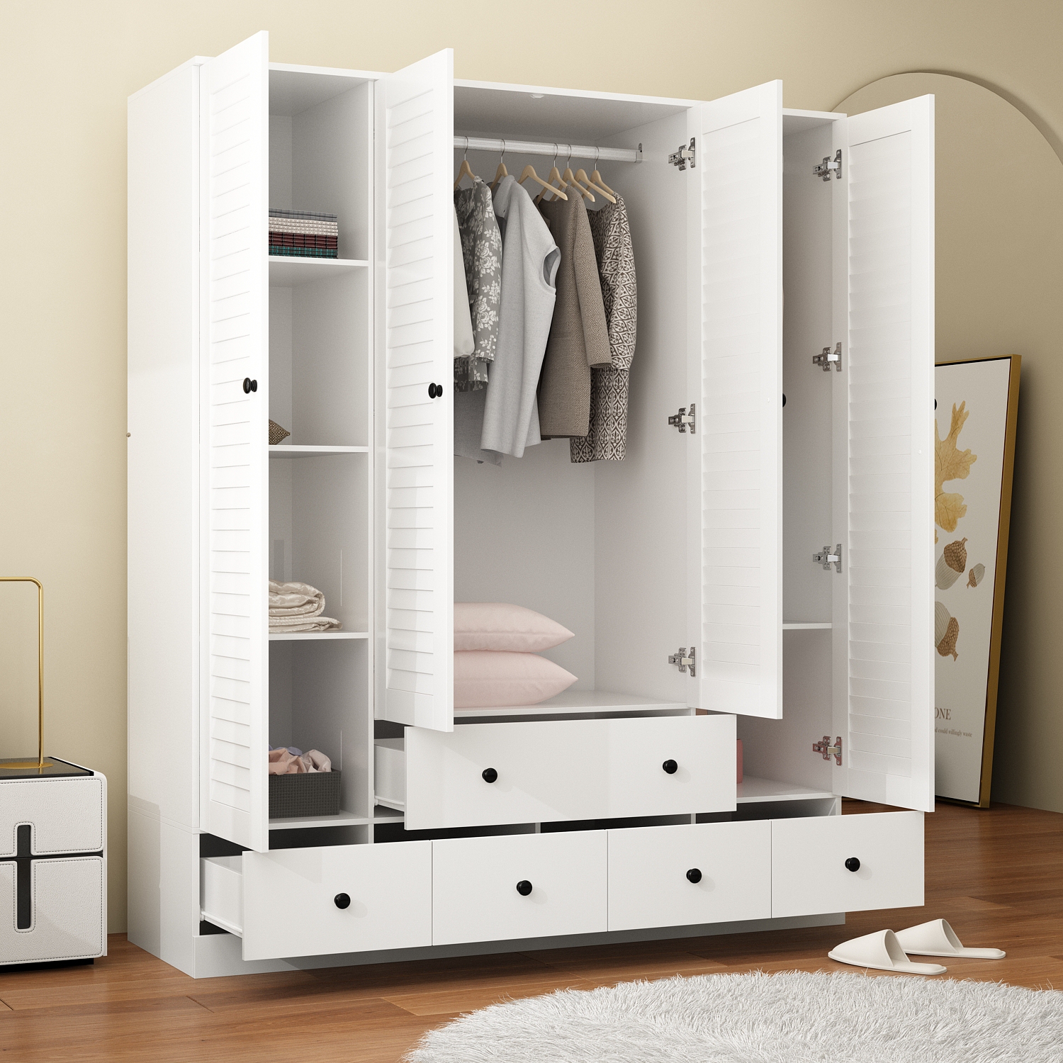 Homsee – Garde-robe moderne à 4 portes avec tablettes réglables et plusieurs tiroirs, blanc