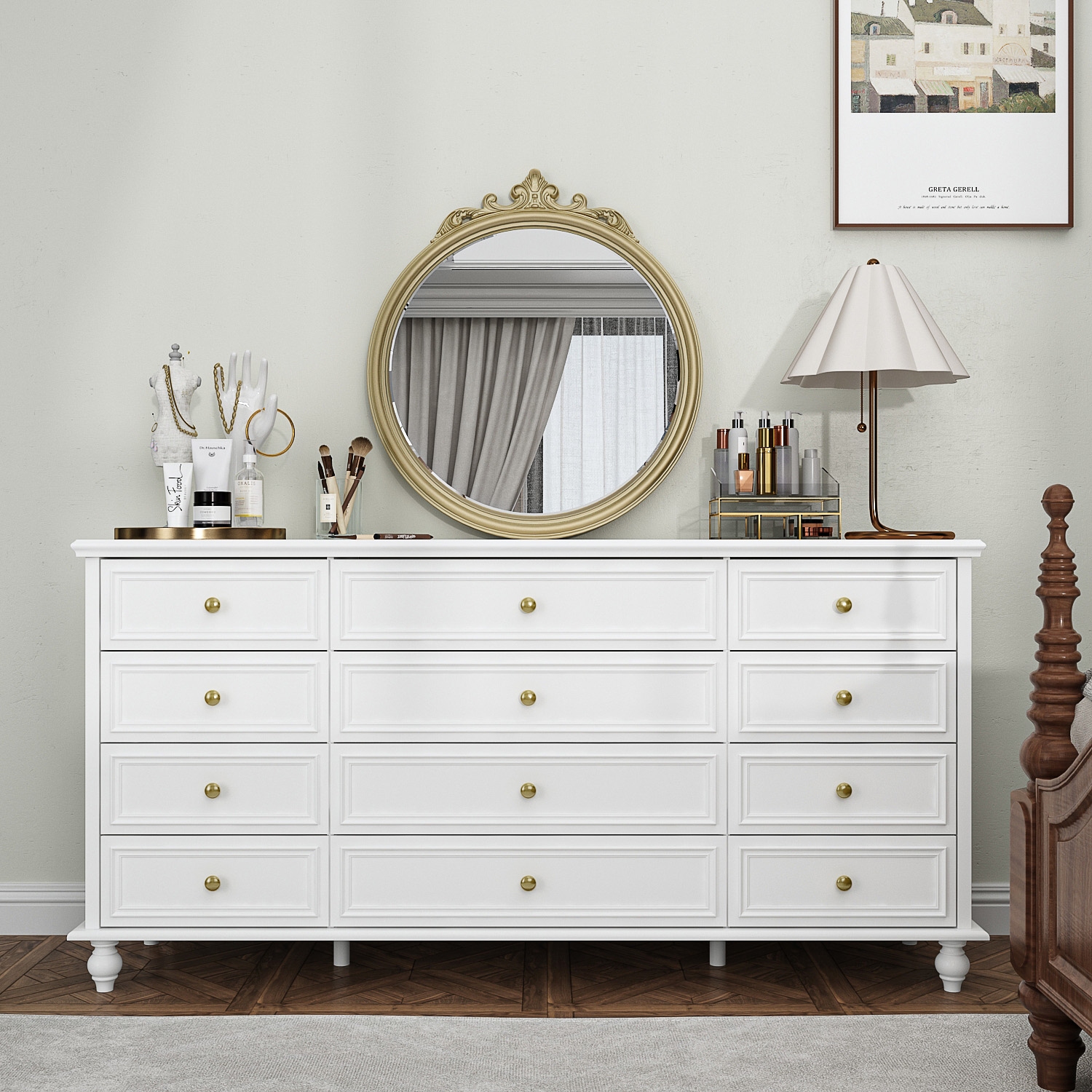 Homsee Luxurious 12-Drawer Dresser with Gold Knobs, Turned Legs, and Ample Storage Space, White
