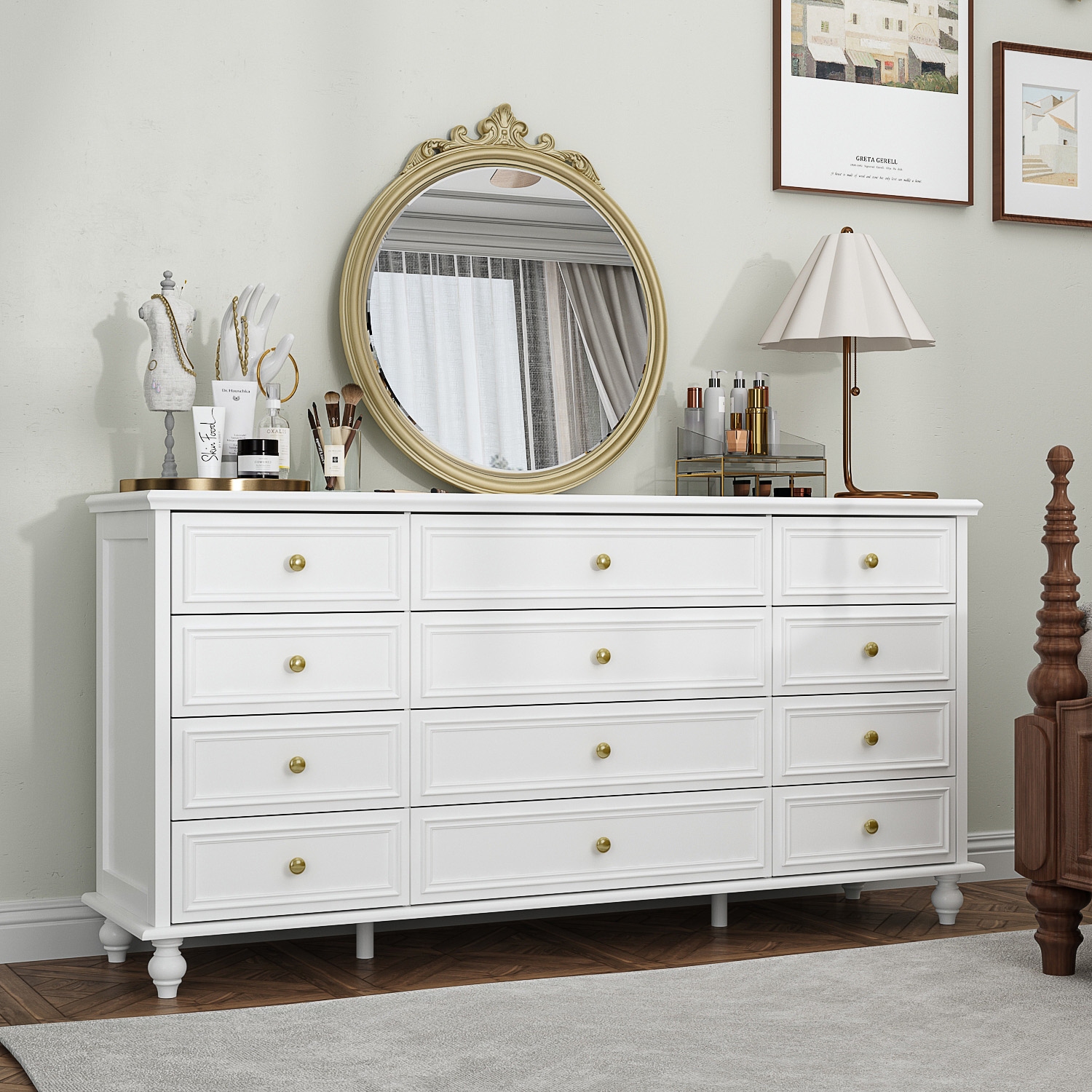 Homsee Luxurious 12-Drawer Dresser with Gold Knobs, Turned Legs, and Ample Storage Space, White