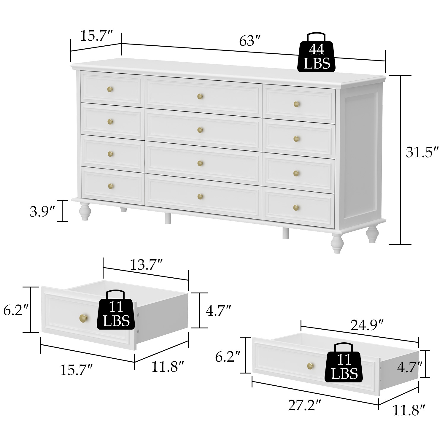 Homsee Luxurious 12-Drawer Dresser with Gold Knobs, Turned Legs, and Ample Storage Space, White