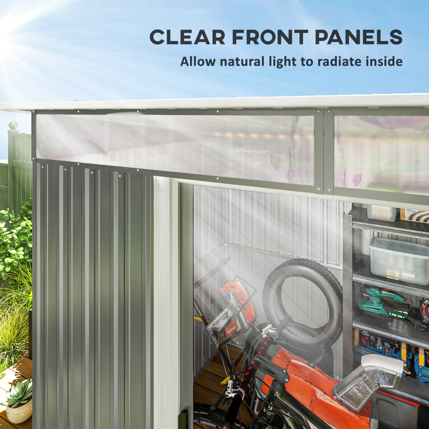 Remise de jardin Outsunny de 8,5 x 6 pi avec Skylight, cabane à outils en métal pour l'extérieur avec portes doubles pour jardin, gris foncé