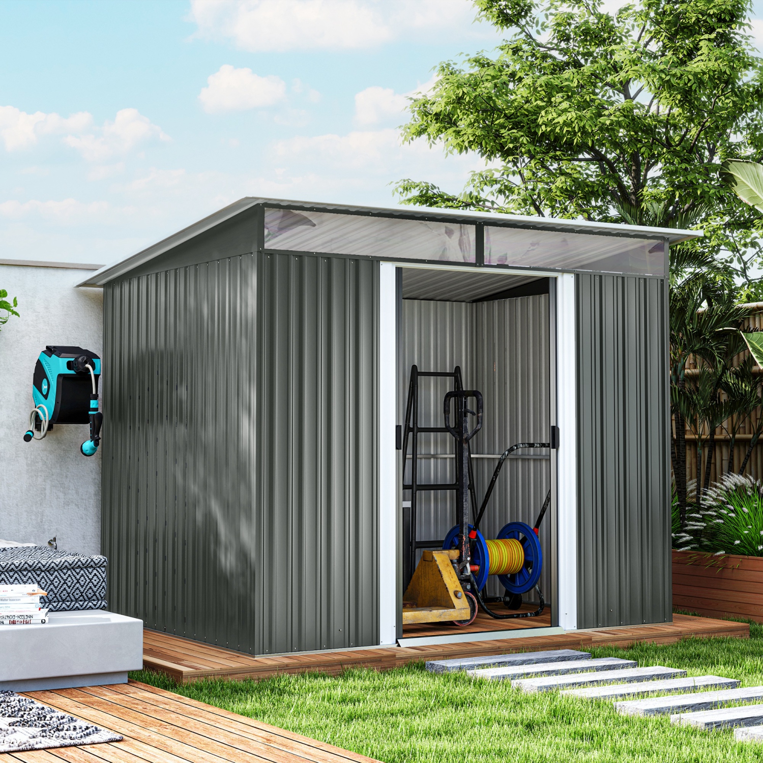 Remise de jardin Outsunny de 8,5 x 6 pi avec Skylight, cabane à outils en métal pour l'extérieur avec portes doubles pour jardin, gris foncé
