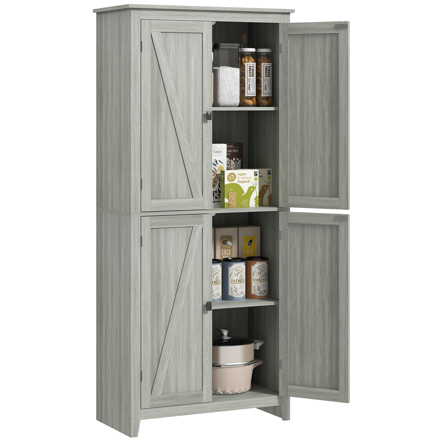 HOMCOM 72" Farmhouse Kitchen Pantry Cabinet, Buffet Storage Cabinet with 4 Barn Doors and Adjustable Shelves, Grey