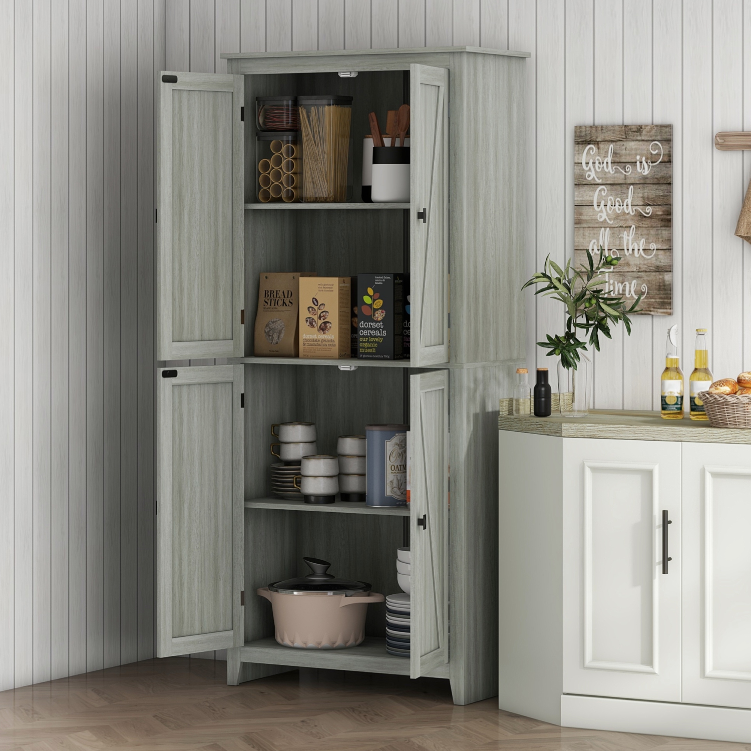 HOMCOM 72" Farmhouse Kitchen Pantry Cabinet, Buffet Storage Cabinet with 4 Barn Doors and Adjustable Shelves, Grey