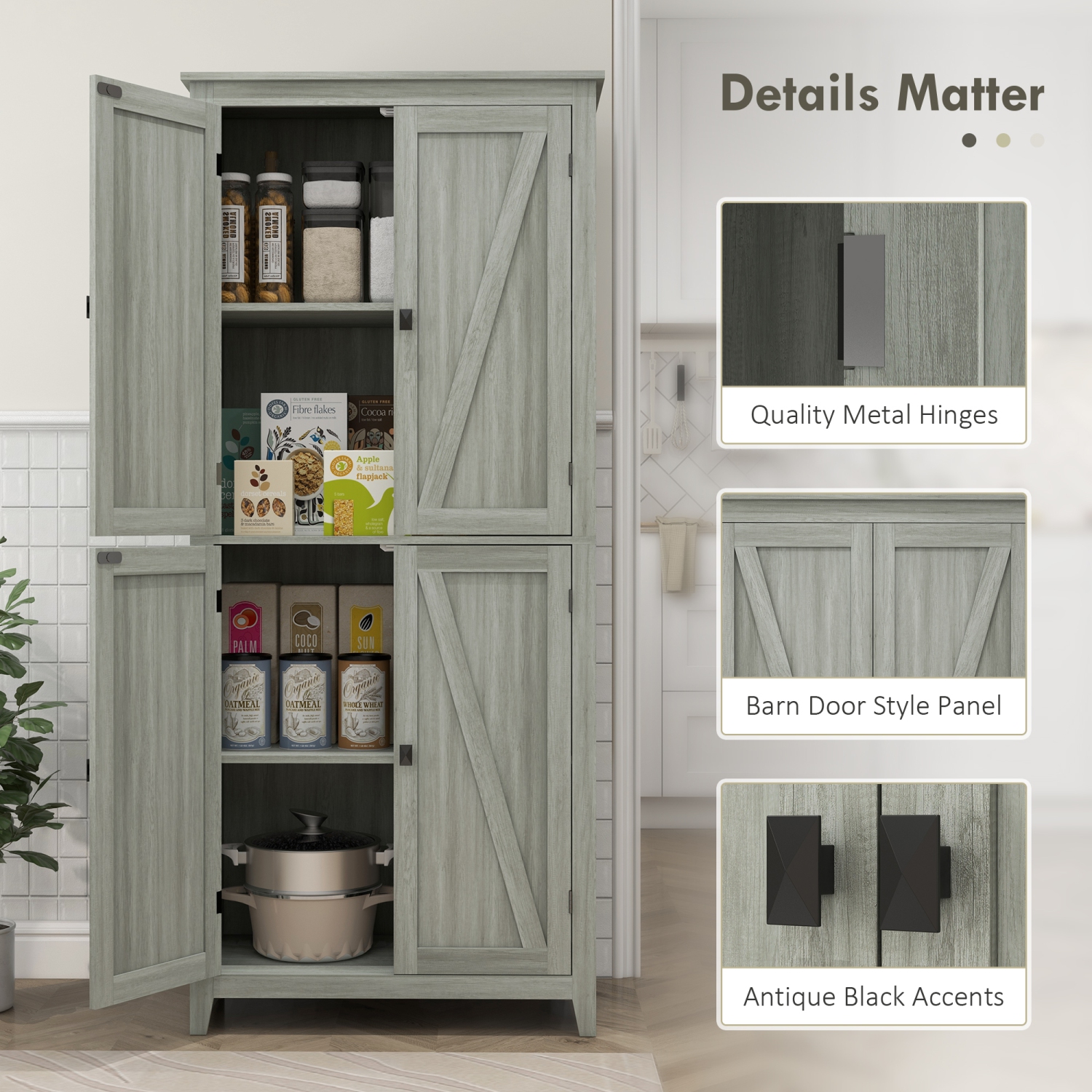 HOMCOM 72" Farmhouse Kitchen Pantry Cabinet, Buffet Storage Cabinet with 4 Barn Doors and Adjustable Shelves, Grey