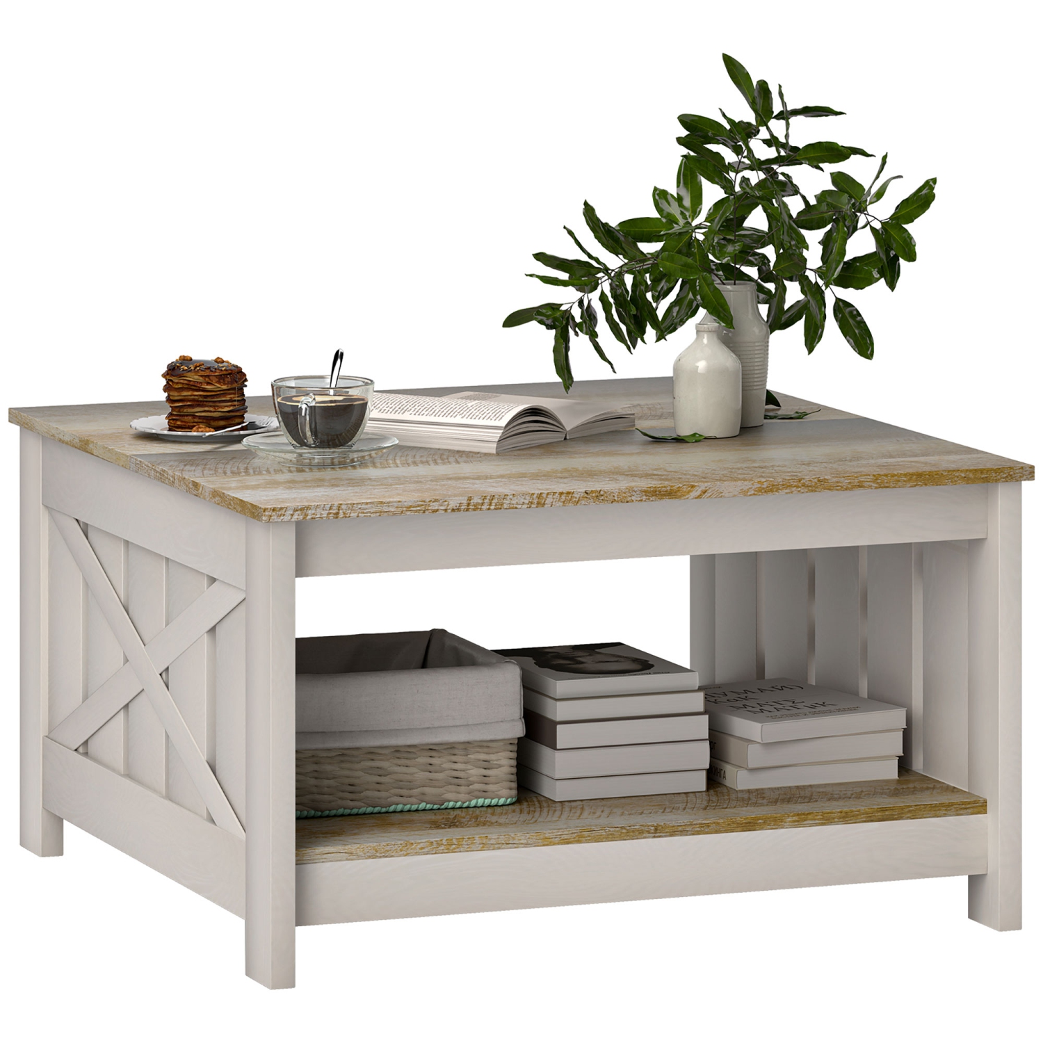 HOMCOM – Table basse Farmhouse avec tablette de rangement, 2 table de salon carrée à 31 niveaux de 5&nbsp;po, chêne vieilli et brun