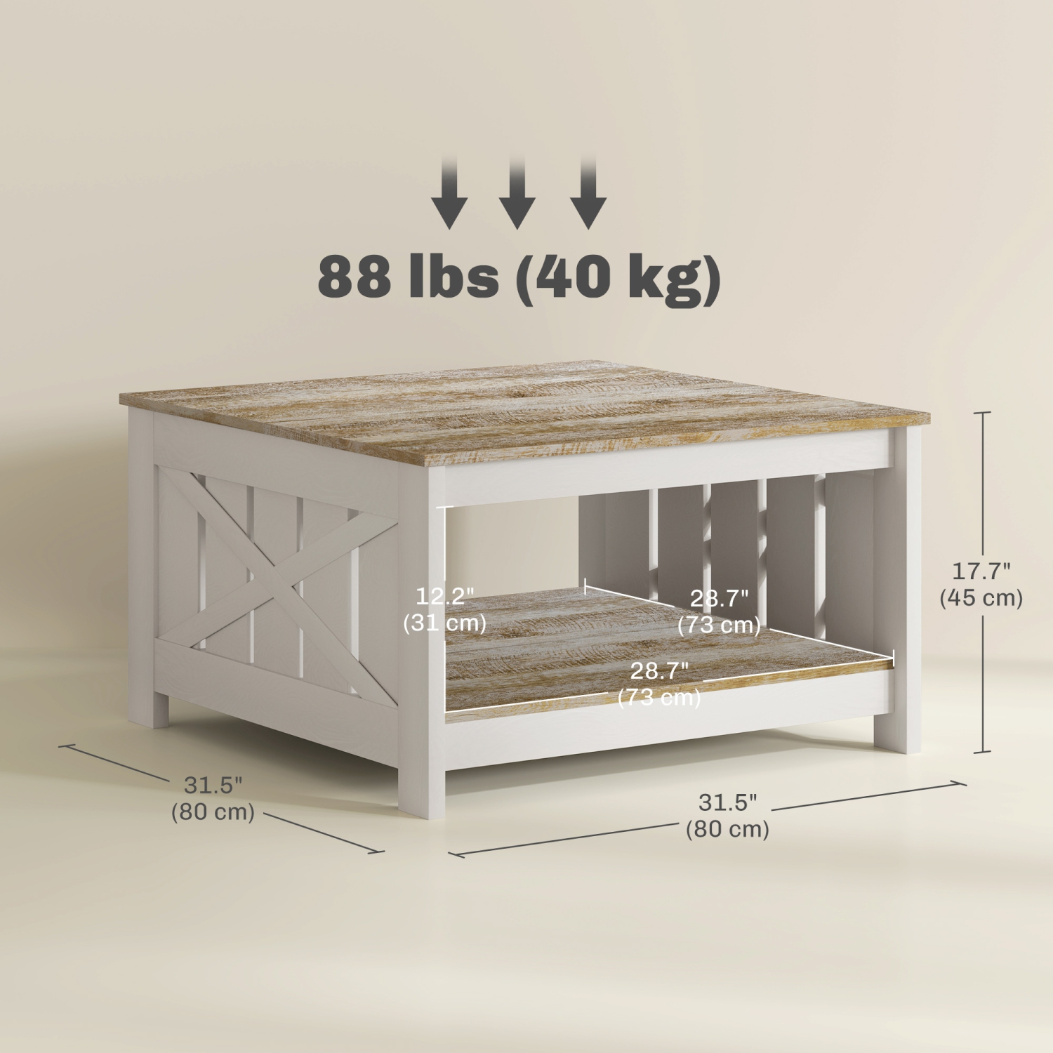 HOMCOM – Table basse Farmhouse avec tablette de rangement, 2 table de salon carrée à 31 niveaux de 5&nbsp;po, chêne vieilli et brun