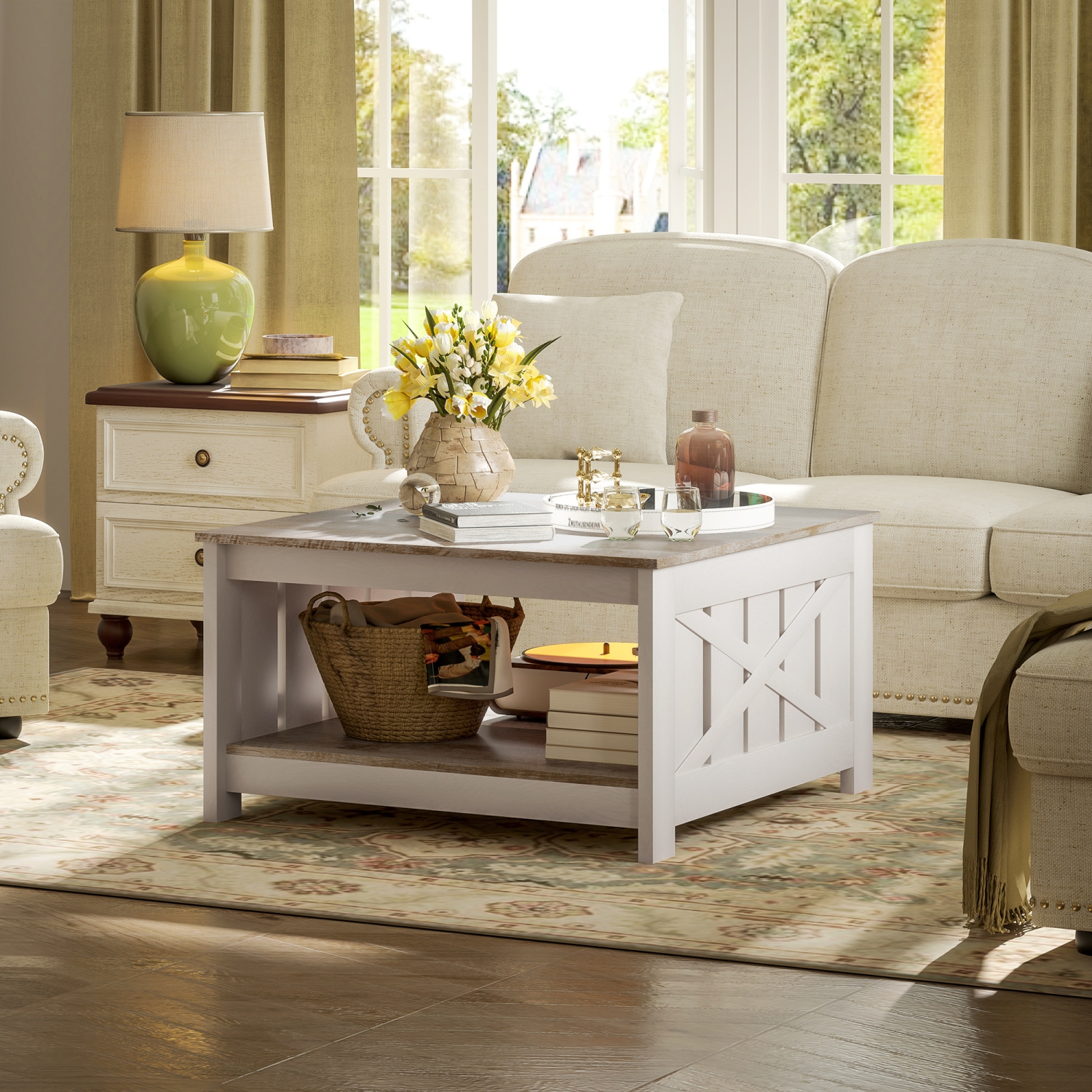 HOMCOM – Table basse Farmhouse avec tablette de rangement, 2 table de salon carrée à 31 niveaux de 5&nbsp;po, chêne vieilli et brun