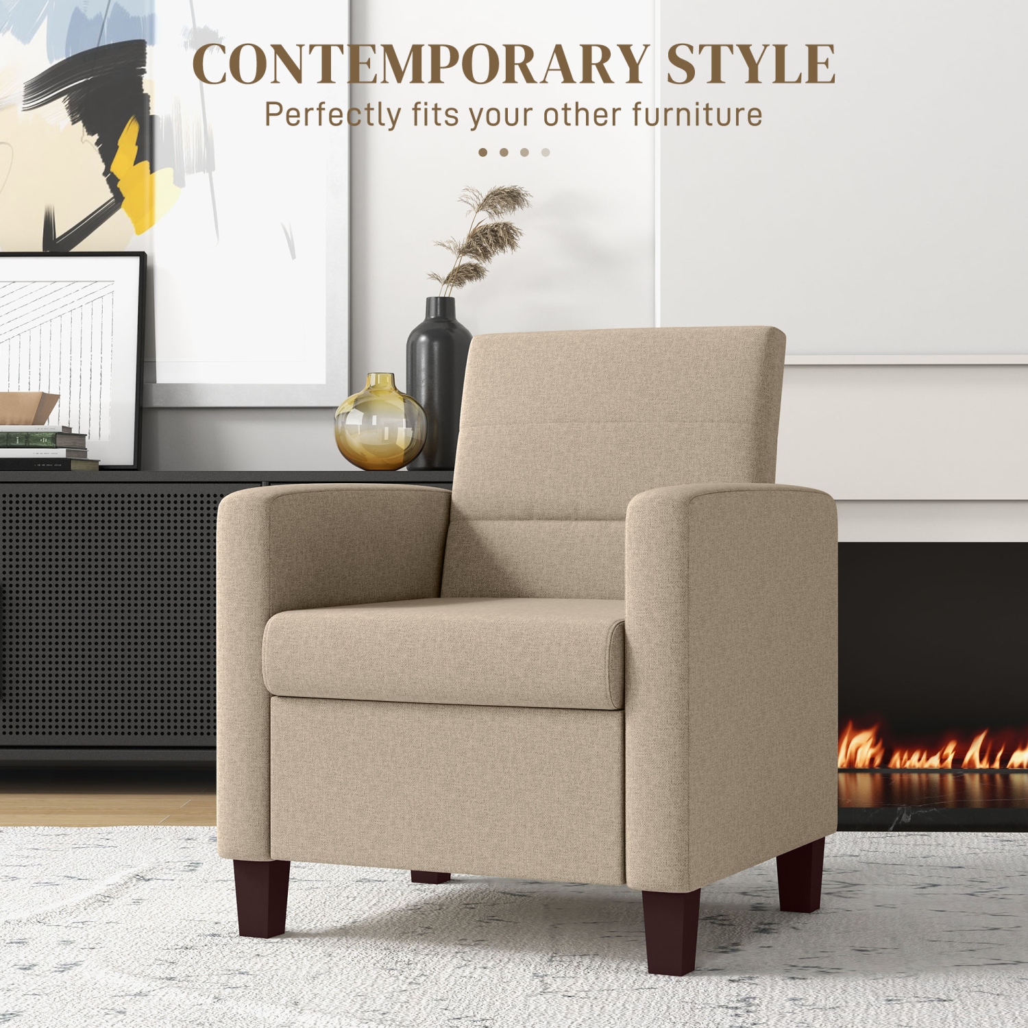 HOMCOM Modern Armchair, Fabric Upholstered Accent Chair with Seat Cushion and Non-Slip Pads for Living Room, Bedroom, Light Brown