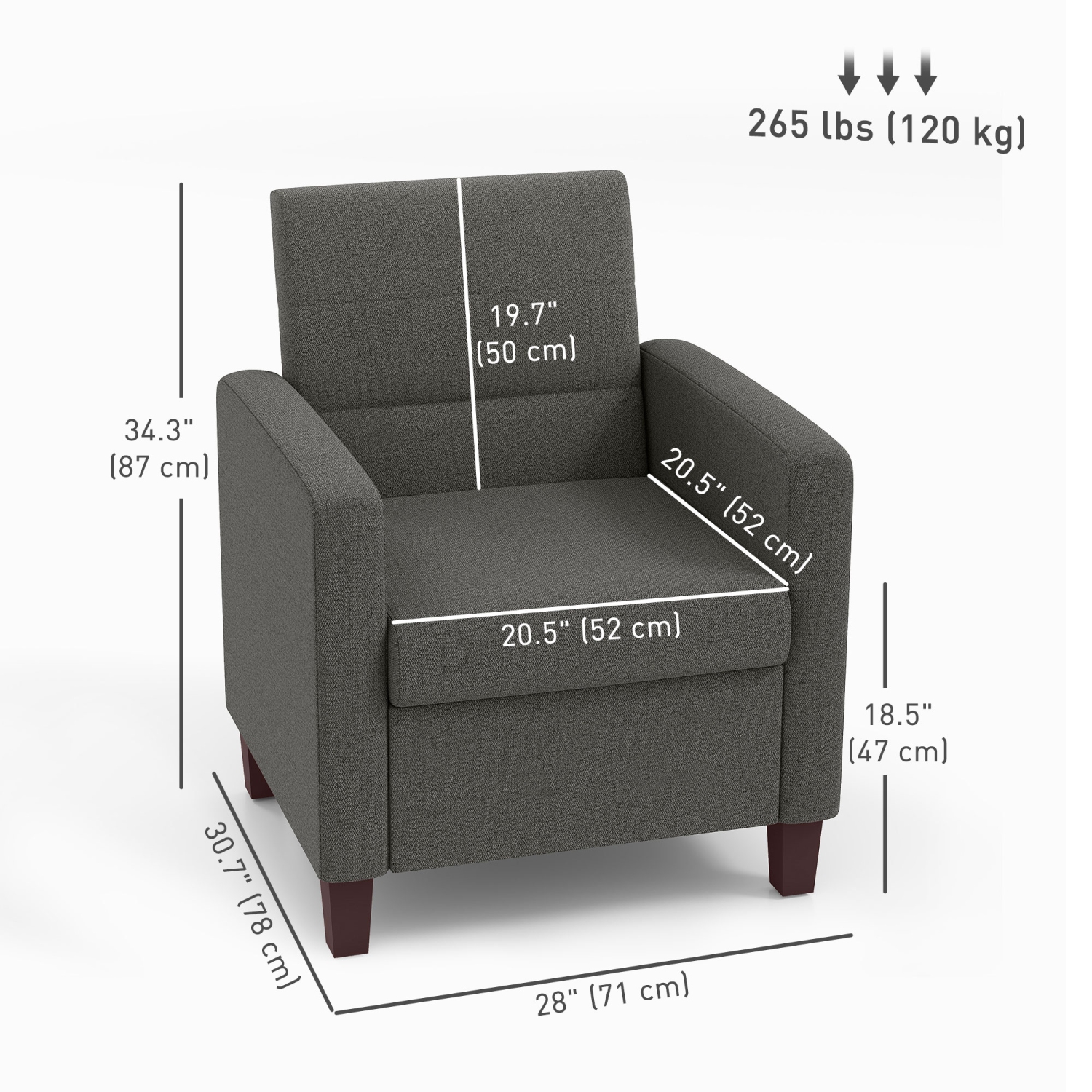 HOMCOM Modern Armchair, Fabric Upholstered Accent Chair with Seat Cushion and Non-Slip Pads for Living Room, Bedroom, Dark Grey