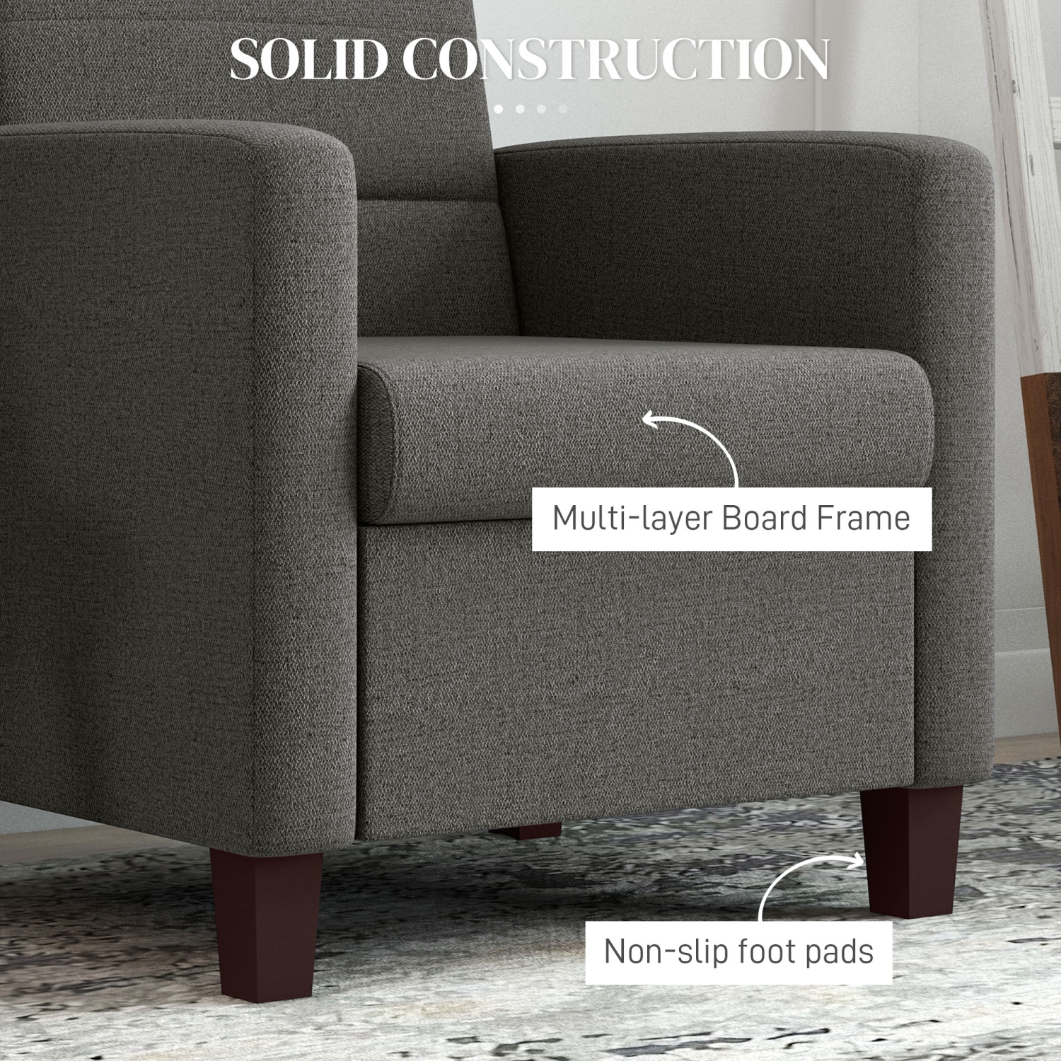 HOMCOM Modern Armchair, Fabric Upholstered Accent Chair with Seat Cushion and Non-Slip Pads for Living Room, Bedroom, Dark Grey