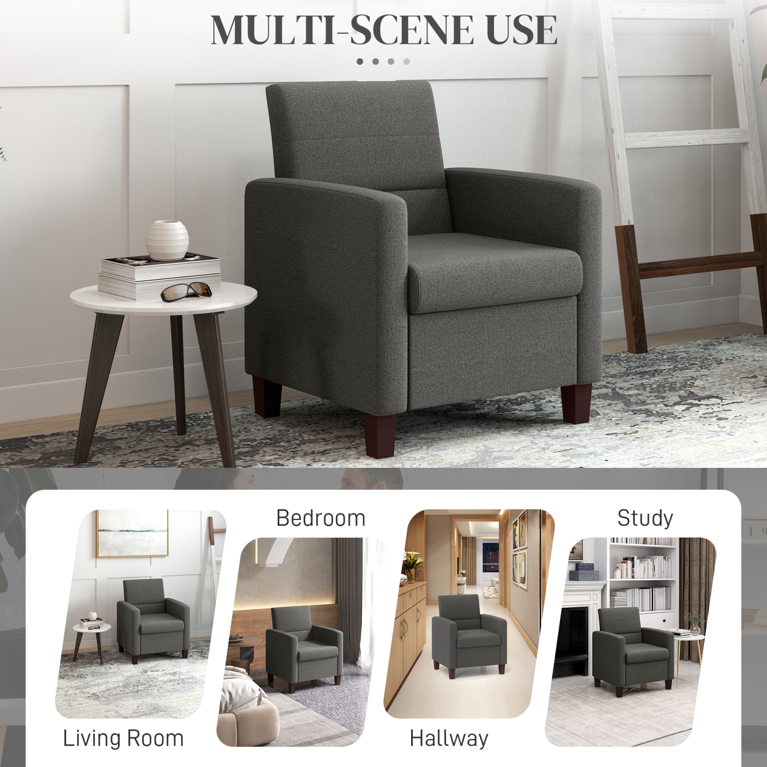 HOMCOM Modern Armchair, Fabric Upholstered Accent Chair with Seat Cushion and Non-Slip Pads for Living Room, Bedroom, Dark Grey