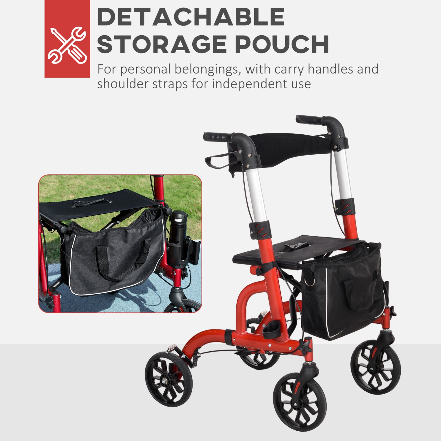 Marchette à roulettes pour aînés et adultes de HOMCOM avec roues de 8&nbsp;po, siège et dossier rembourrés, déambulateur pliable léger en aluminium