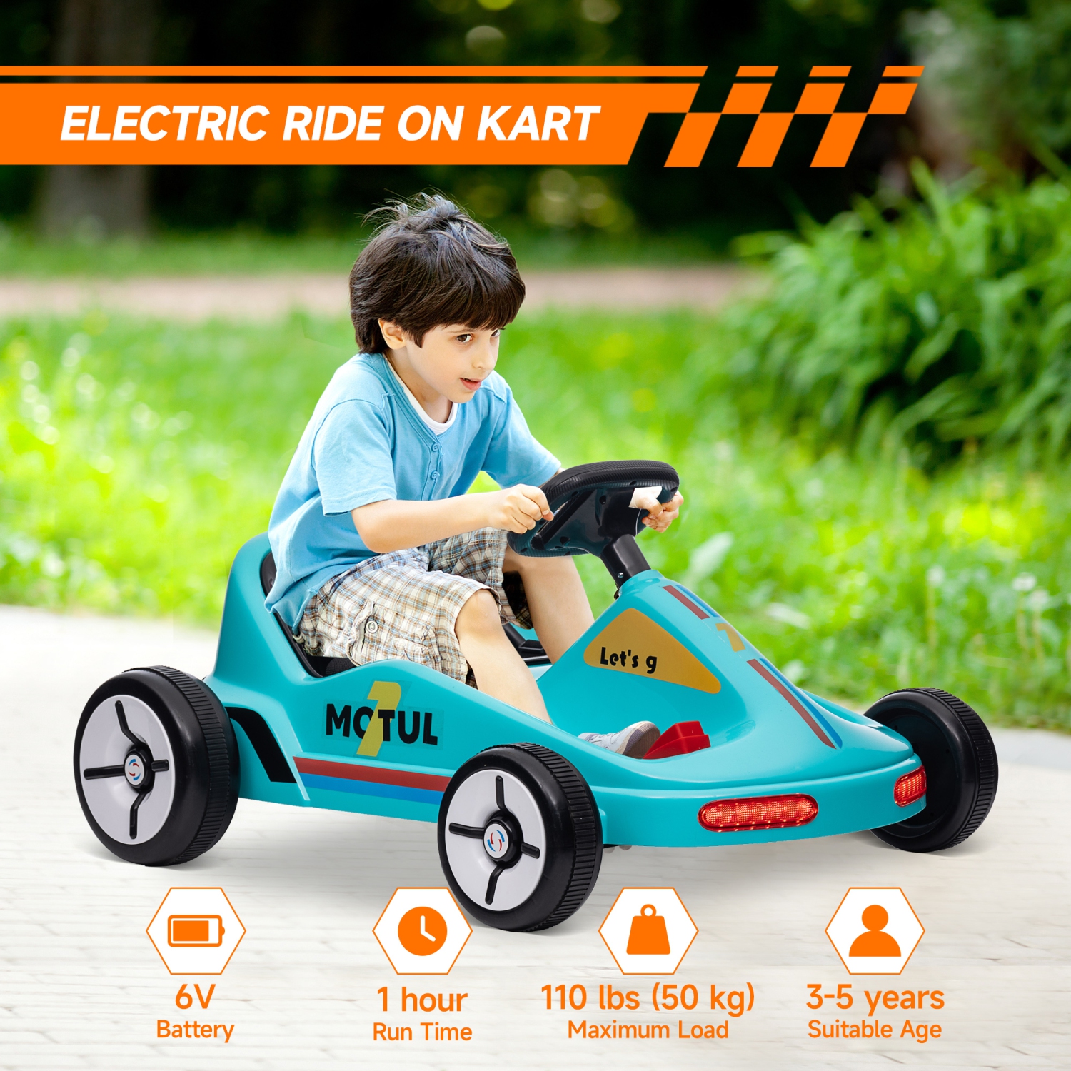 Qaba Go Kart for Kids, 6V 7AH Electric Battery Powerd Ride on Car with Music, Light, Horn, for Toddlers Boys Girs 3-5 Years, Blue